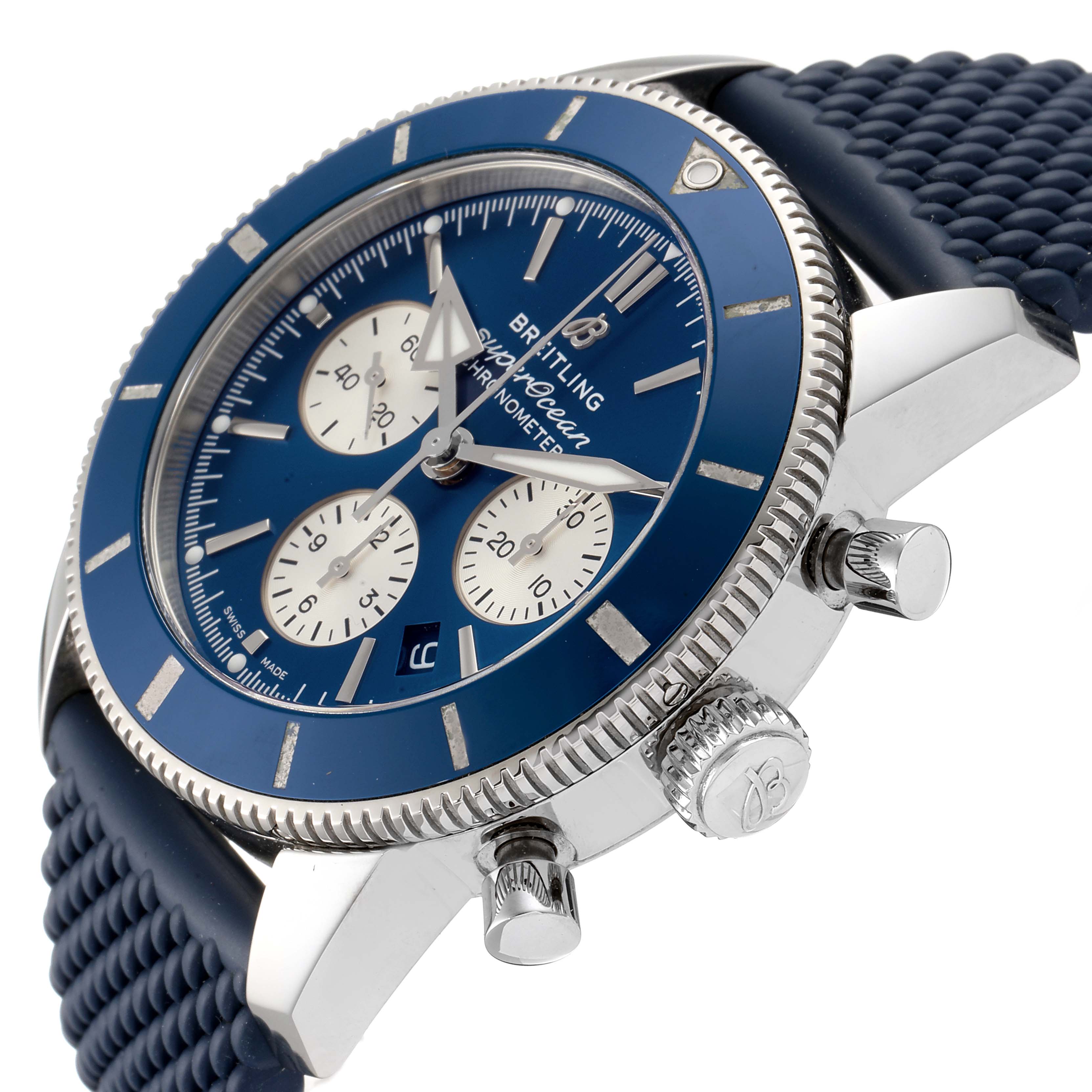 This image shows a close-up angle of the Breitling Superocean AB016216/CA07/154A Men
s Stainless Steel Blue Dial AB016216/CA07/154A Men
s Stainless Steel Blue Dial watch, highlighting its bezel, dial, subdials, and crown.