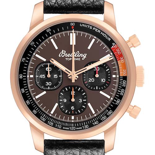 The Breitling Premier RB01761A1Q1X1 Men's Rose Gold Brown Dial watch is shown front-on, highlighting the dial, subdials, bezel, crown, and pushers.