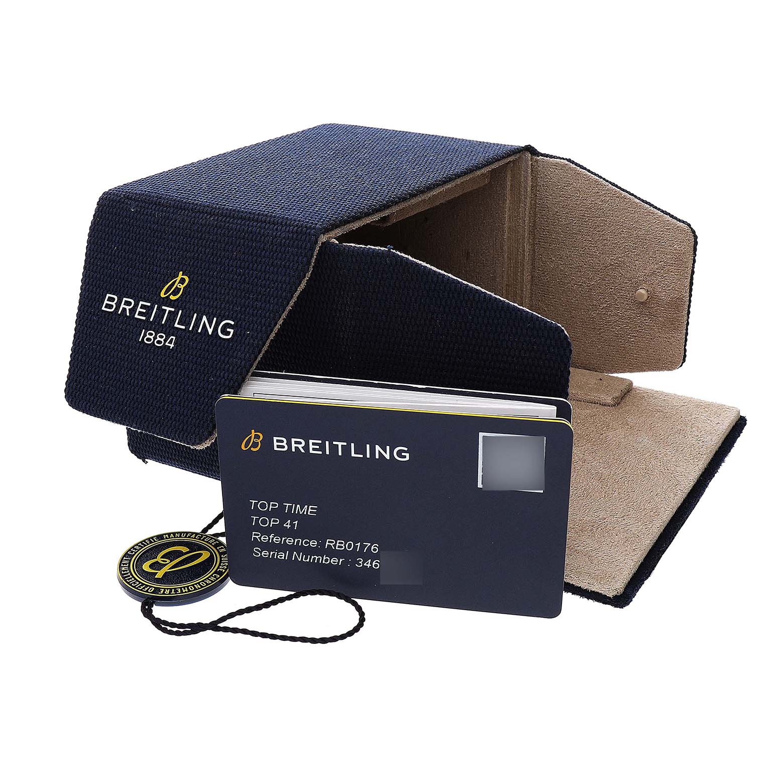 The image shows the packaging and accessories for a Breitling Premier RB01761A1Q1X1 Men's Rose Gold Brown Dial watch, including a tag, box, and warranty card.