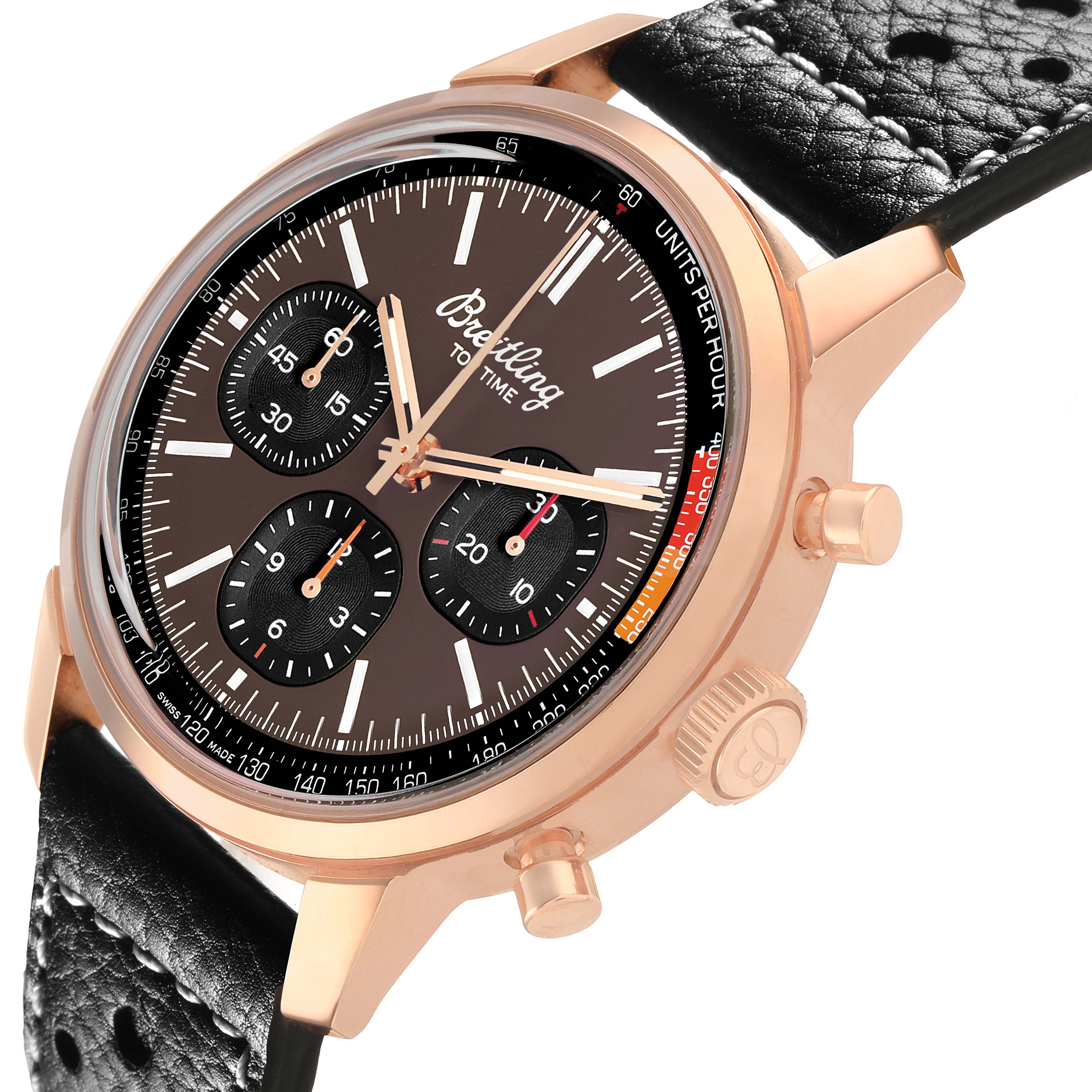 The Breitling Premier RB01761A1Q1X1 Men's Rose Gold Brown Dial watch is shown at a slight angle, highlighting the dial, subdials, crown, case, and leather strap.