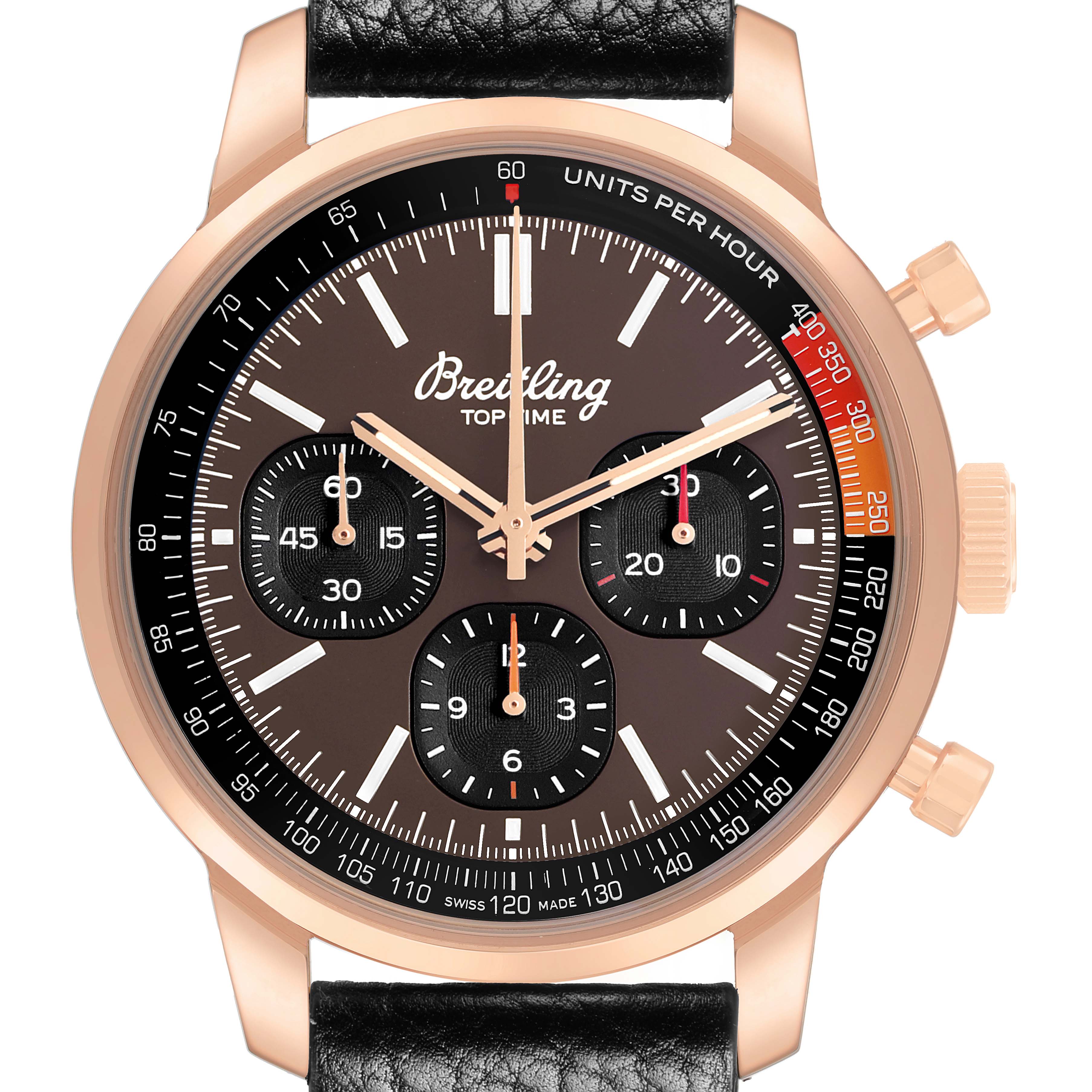 The Breitling Premier RB01761A1Q1X1 Men's Rose Gold Brown Dial model is shown from a front angle, highlighting the dial and subdials with its leather strap partially visible.