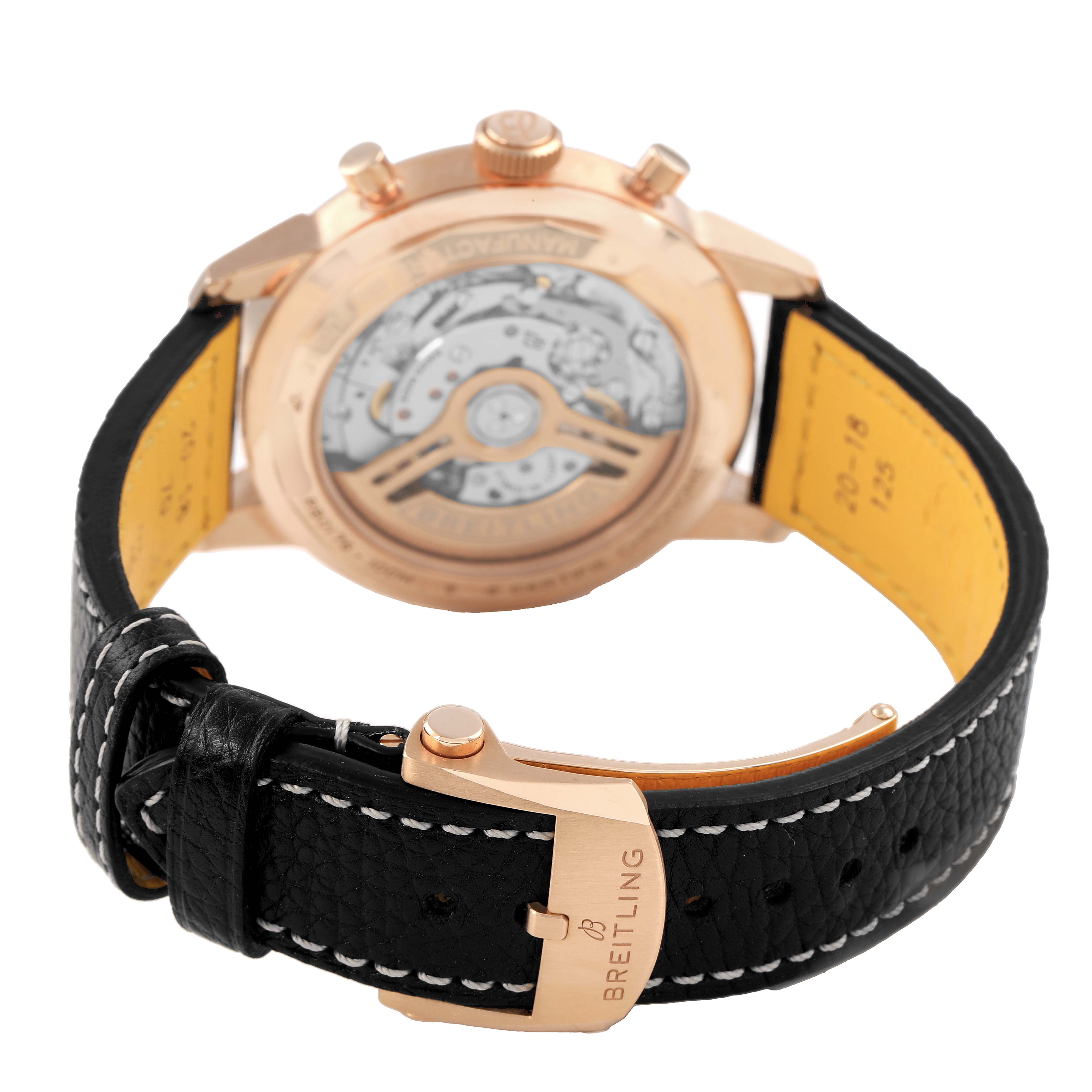 The image shows the back of a Breitling Premier RB01761A1Q1X1 Men's Rose Gold Brown Dial watch with an open caseback and leather strap, highlighting the clasp and movement.