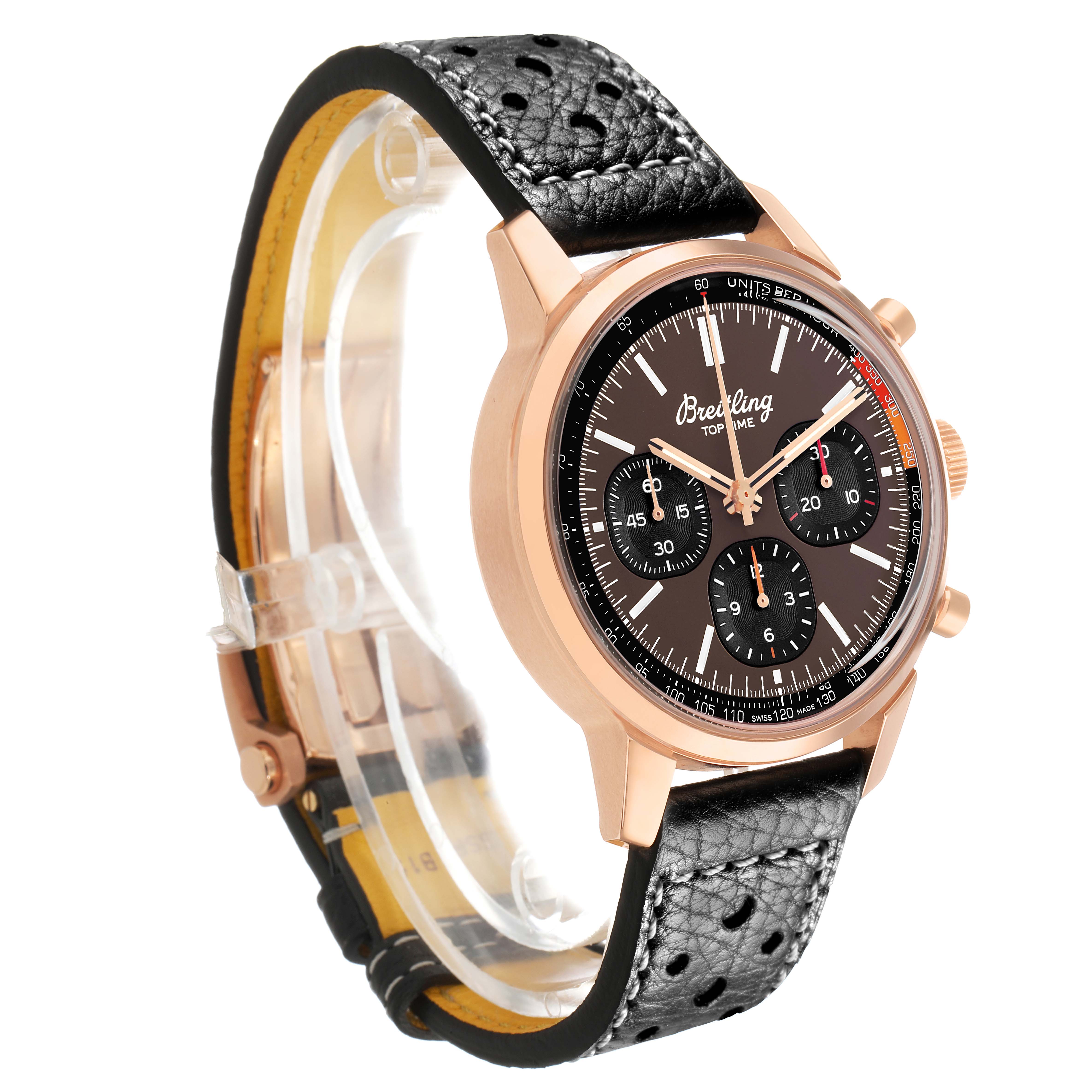 The Breitling Premier RB01761A1Q1X1 Men's Rose Gold Brown Dial watch is shown at a slight side angle, displaying the watch face, strap, and case details.