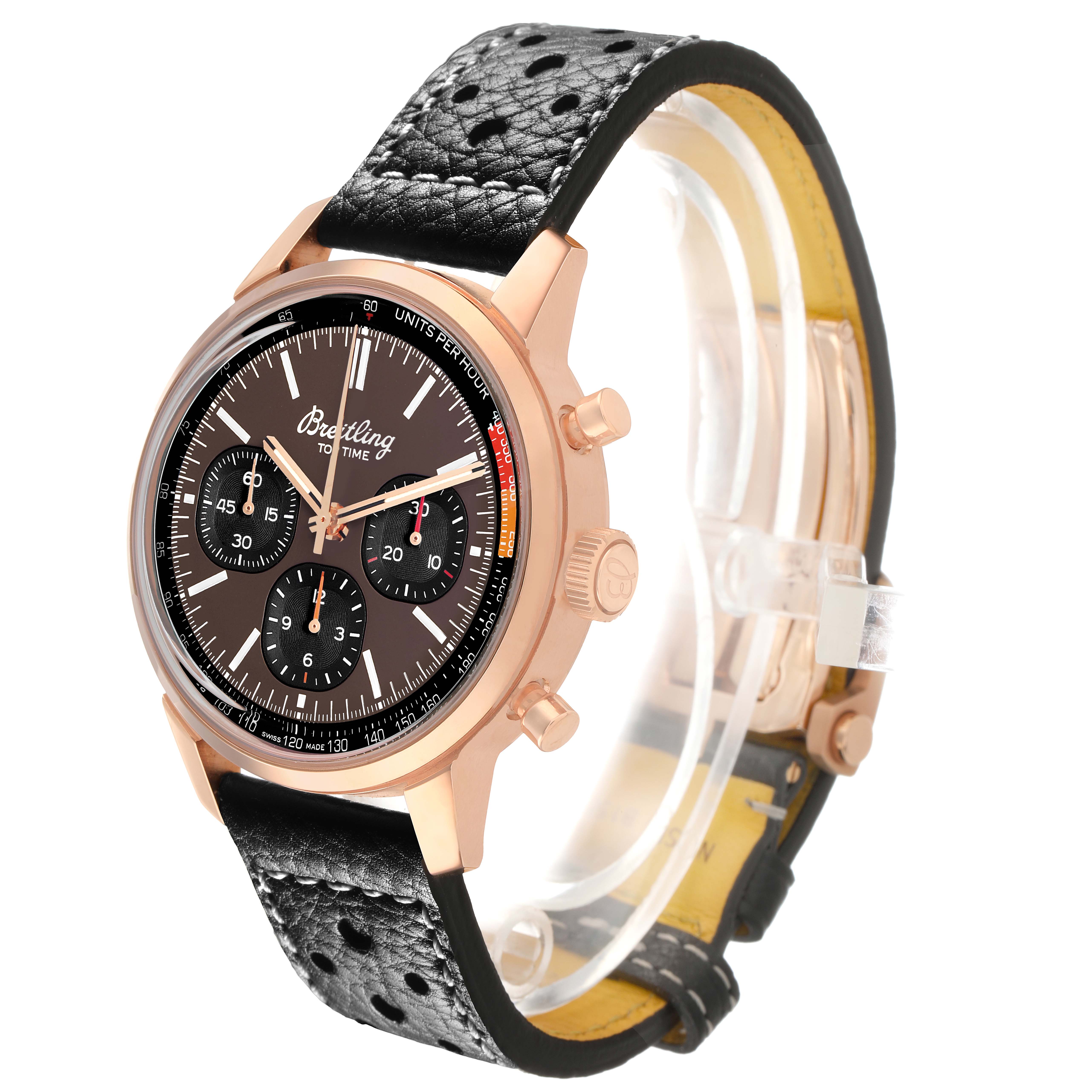 The Breitling Premier RB01761A1Q1X1 Men's Rose Gold Brown Dial watch is shown at a three-quarter angle, displaying the face, bezel, strap, and crown.