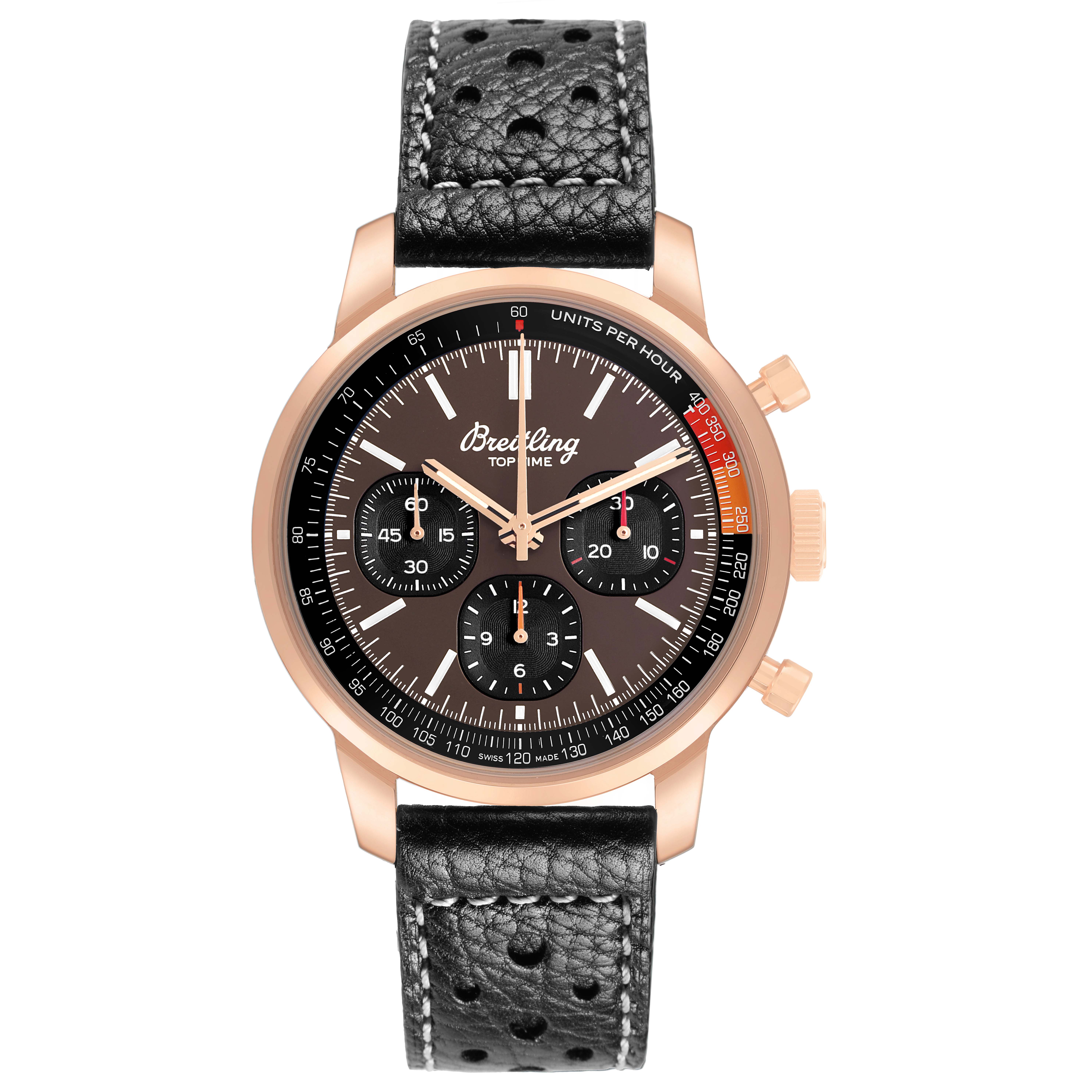 The Breitling Premier RB01761A1Q1X1 Men's Rose Gold Brown Dial watch is shown from a top-down angle, highlighting its dial, case, and perforated leather strap.