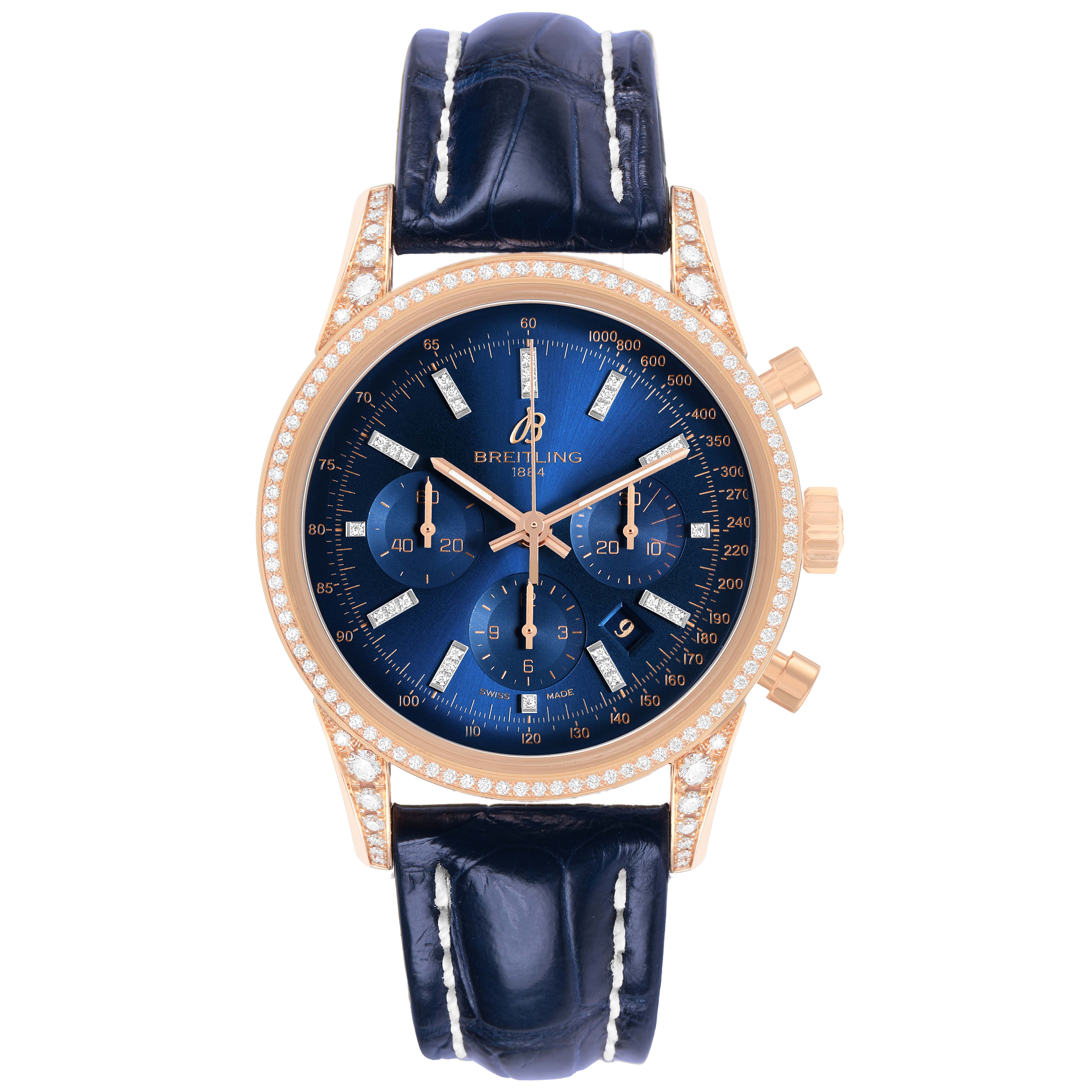 The Breitling Transocean RB0152 Men's Rose Gold Blue Dial watch is shown from the front, displaying its blue dial, gold case, and leather strap.