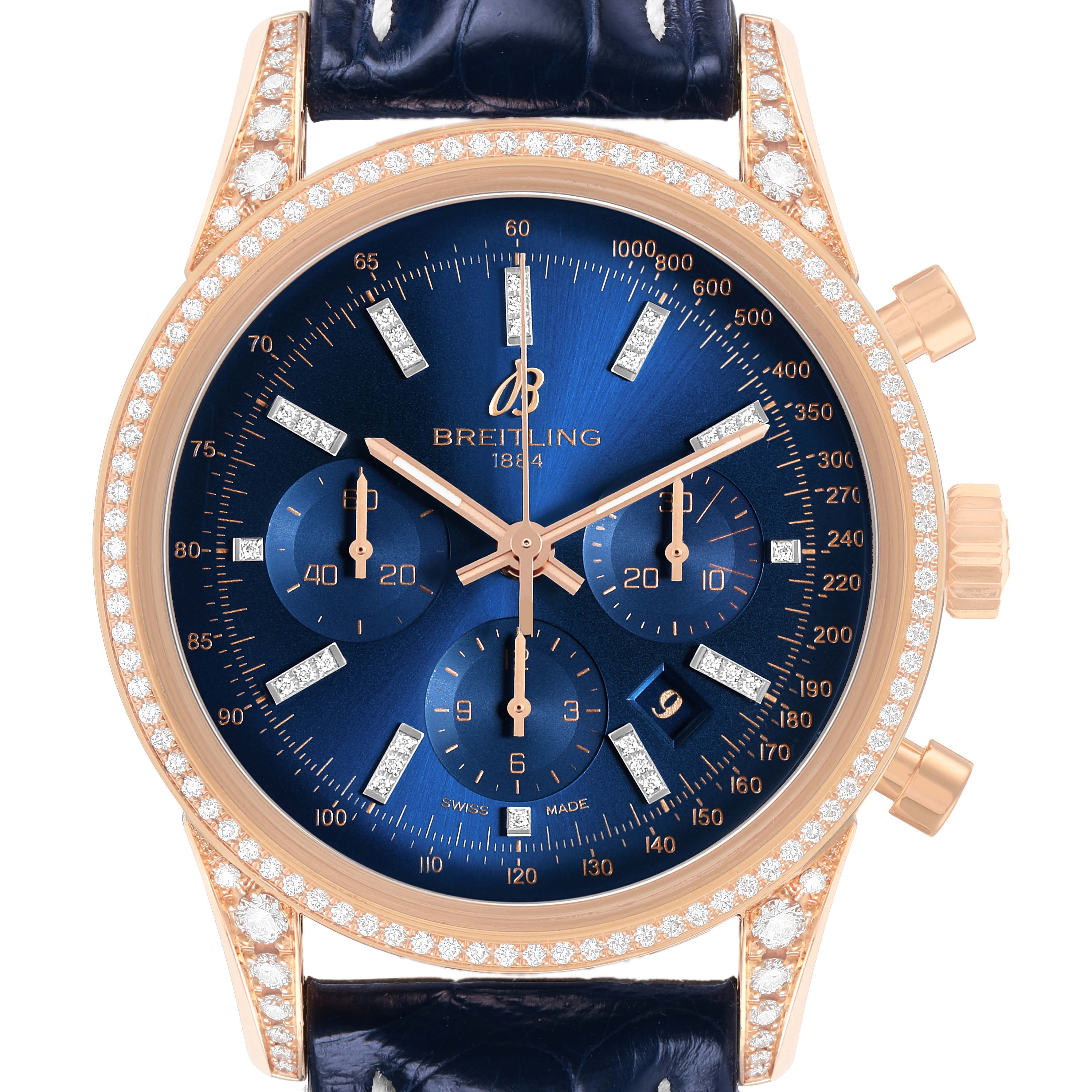 The Breitling Transocean RB0152 Men's Rose Gold Blue Dial watch is shown from a front angle, displaying its blue dial, gold case, and leather strap.