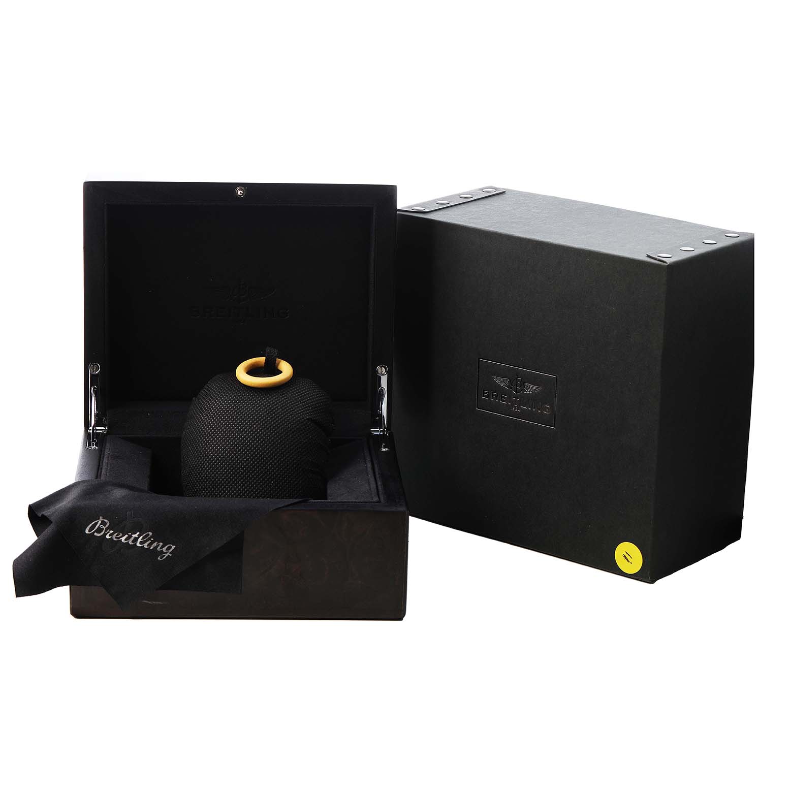 The image shows the packaging of the Breitling Transocean RB0152 Men's Rose Gold Blue Dial watch, featuring an open box with a protective pouch and cloth.