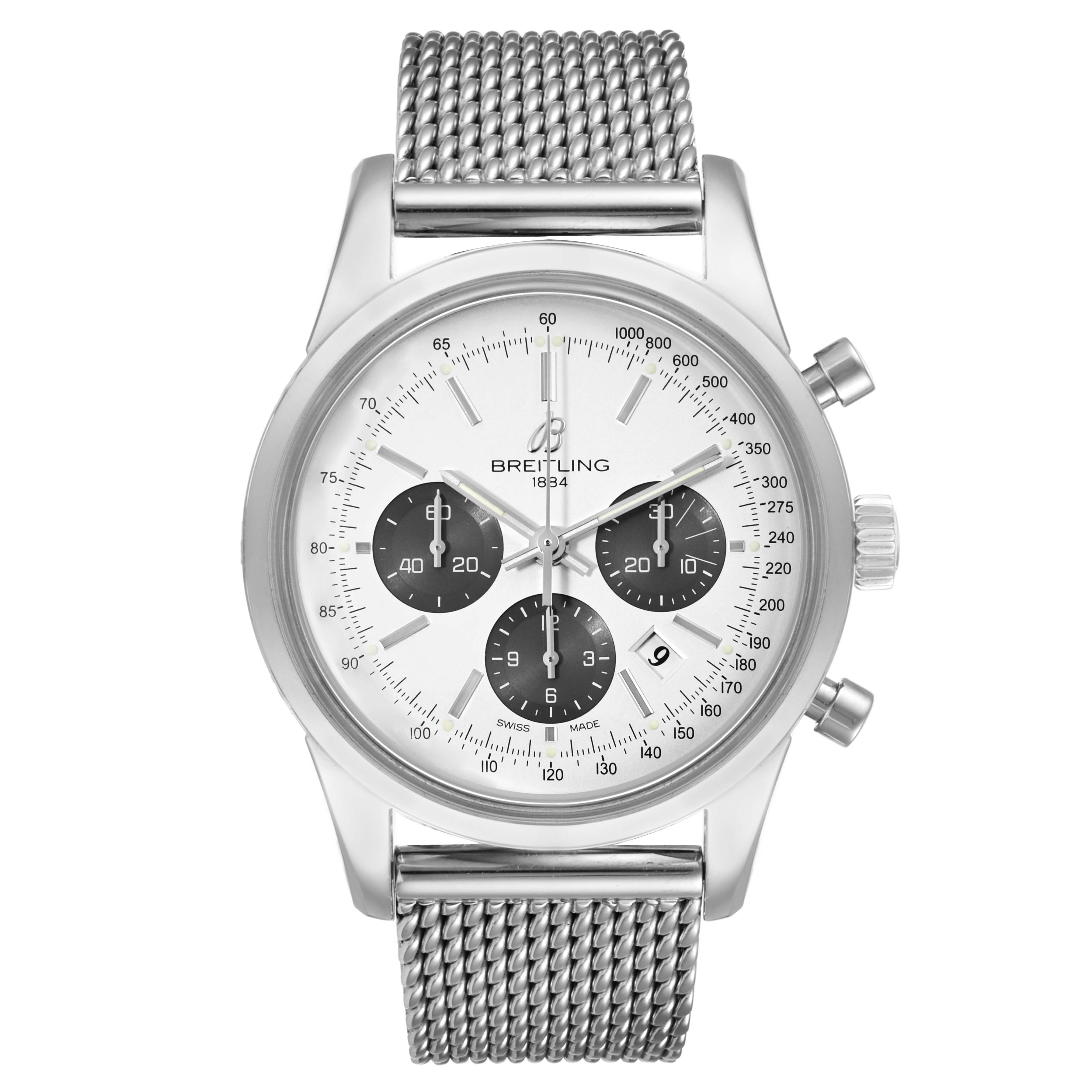 This image shows a front view of the Breitling Transocean AB015212/G724 Men
s Stainless Steel Silver Dial AB015212/G724 Men
s Stainless Steel Silver Dial watch, highlighting its dial, sub-dials, and mesh bracelet.