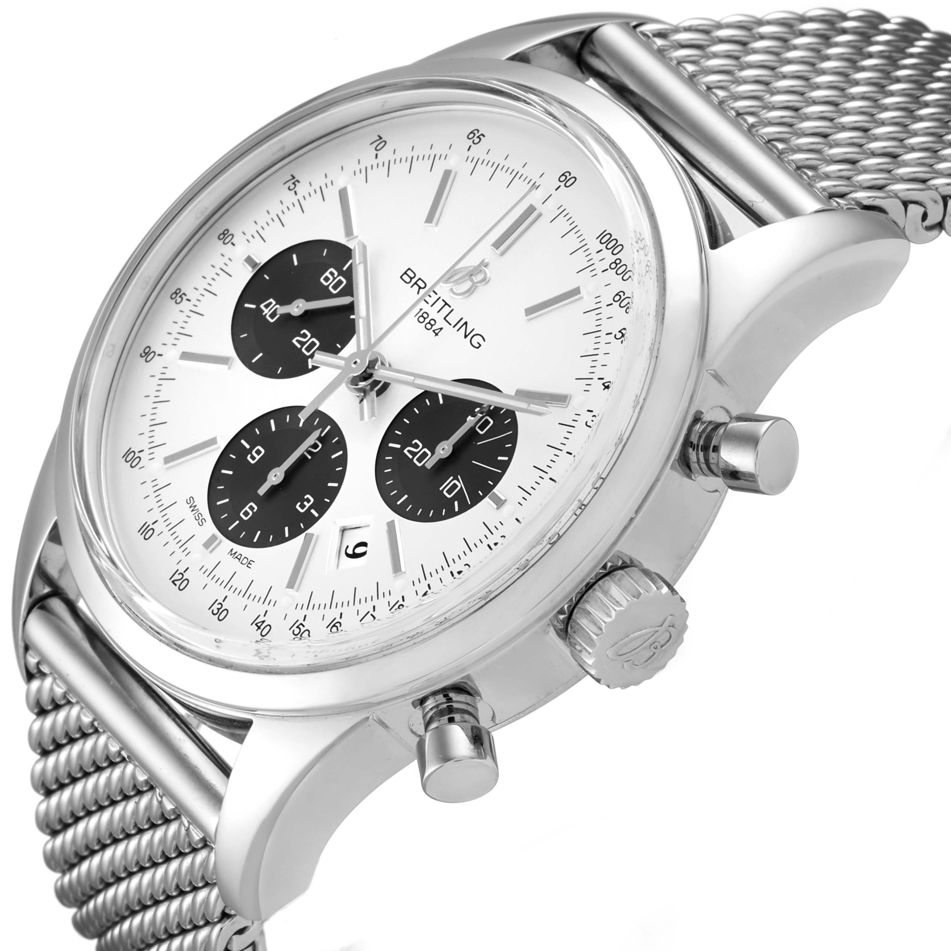 This image shows a side view of the Breitling Transocean AB015212/G724 Men
s Stainless Steel Silver Dial AB015212/G724 Men
s Stainless Steel Silver Dial watch, highlighting its dial, crown, pushers, and steel mesh bracelet.