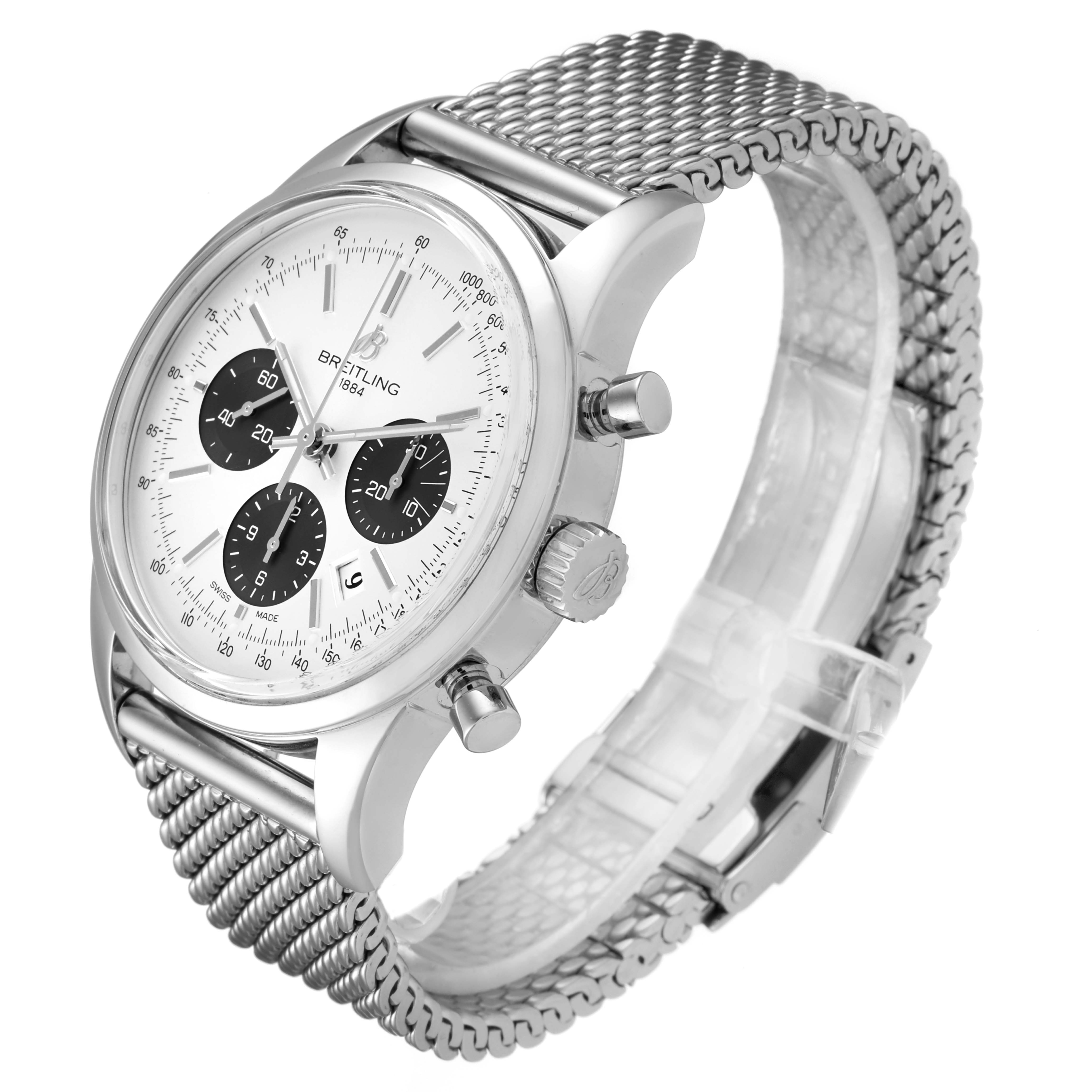 The Breitling Transocean AB015212/G724 Men
s Stainless Steel Silver Dial AB015212/G724 Men
s Stainless Steel Silver Dial watch is shown at an oblique angle, highlighting the mesh bracelet, crown, pushers, and dial.