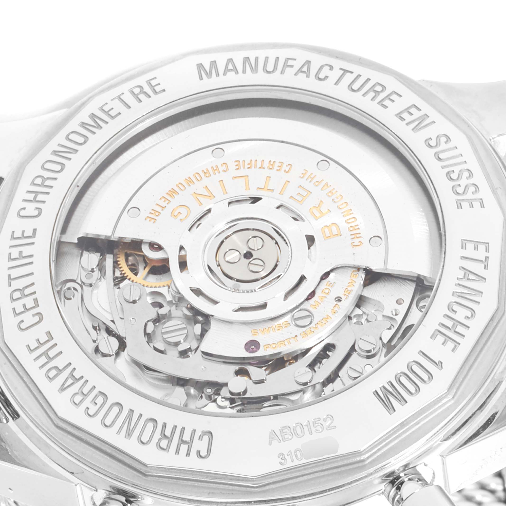 This image shows the back of the Breitling Transocean AB015212/G724 Men
s Stainless Steel Silver Dial AB015212/G724 Men
s Stainless Steel Silver Dial watch, highlighting the intricate mechanical movement and internal parts.