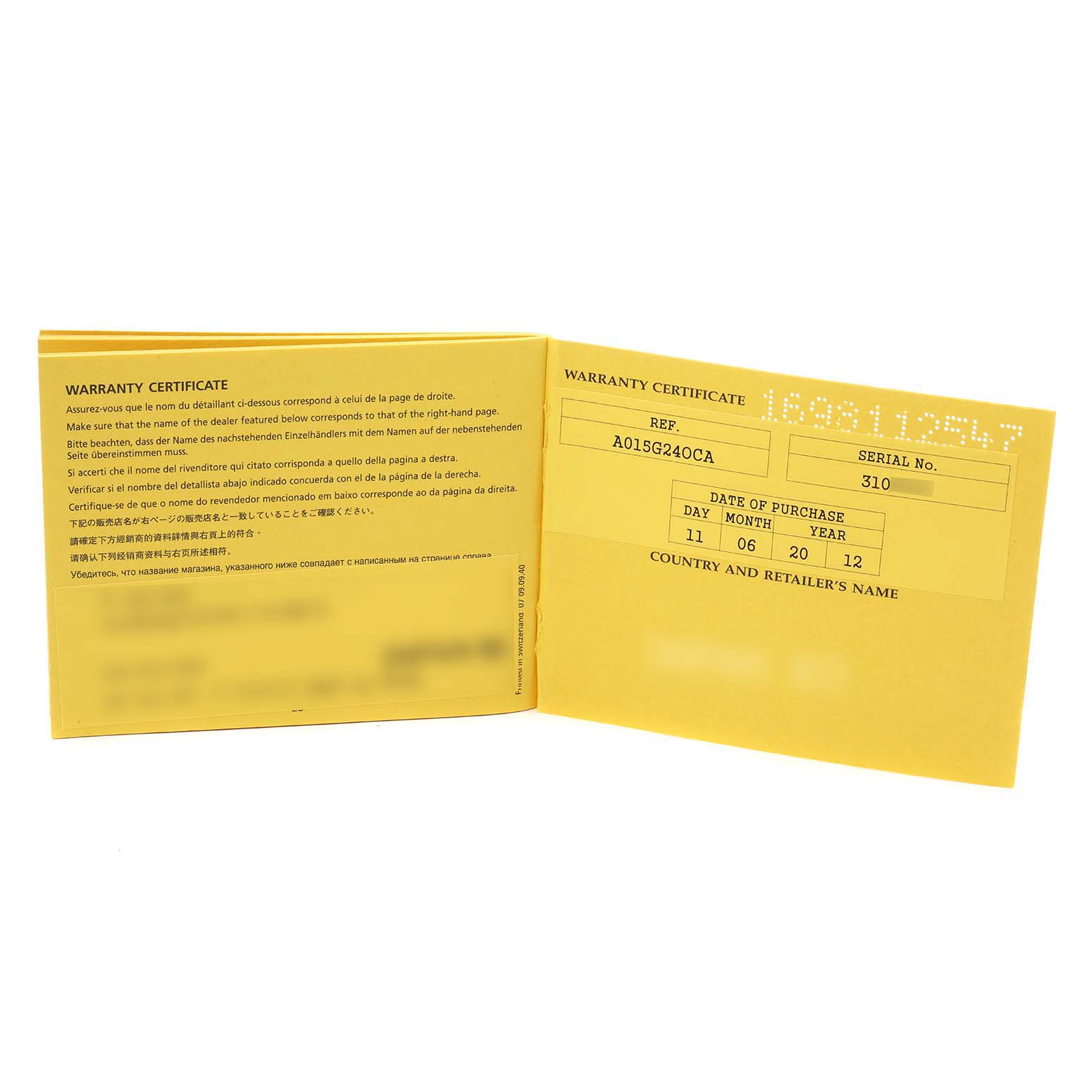 The image shows an open warranty certificate booklet for a Breitling Transocean AB015212/G724 Men
s Stainless Steel Silver Dial AB015212/G724 Men
s Stainless Steel Silver Dial watch.