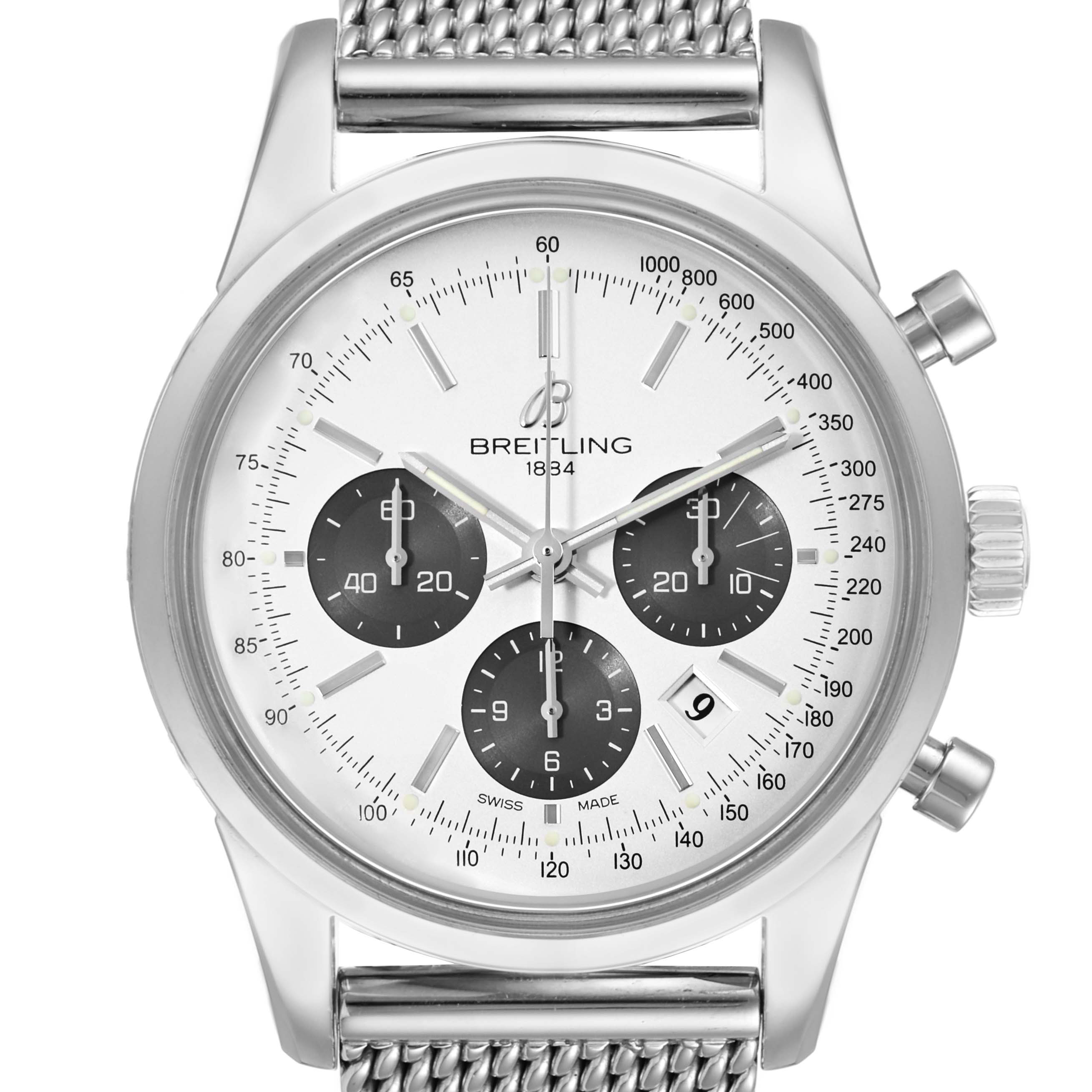 The image shows a front view of the Breitling Transocean AB015212/G724 Men
s Stainless Steel Silver Dial AB015212/G724 Men
s Stainless Steel Silver Dial watch, highlighting its dial, three subdials, and mesh bracelet.