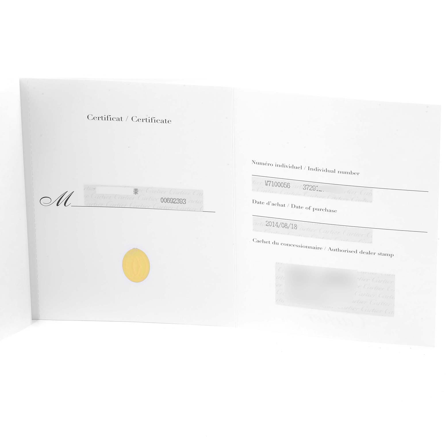 The image shows the certificate of authenticity and purchase details for a Calibre de Cartier model by Cartier.