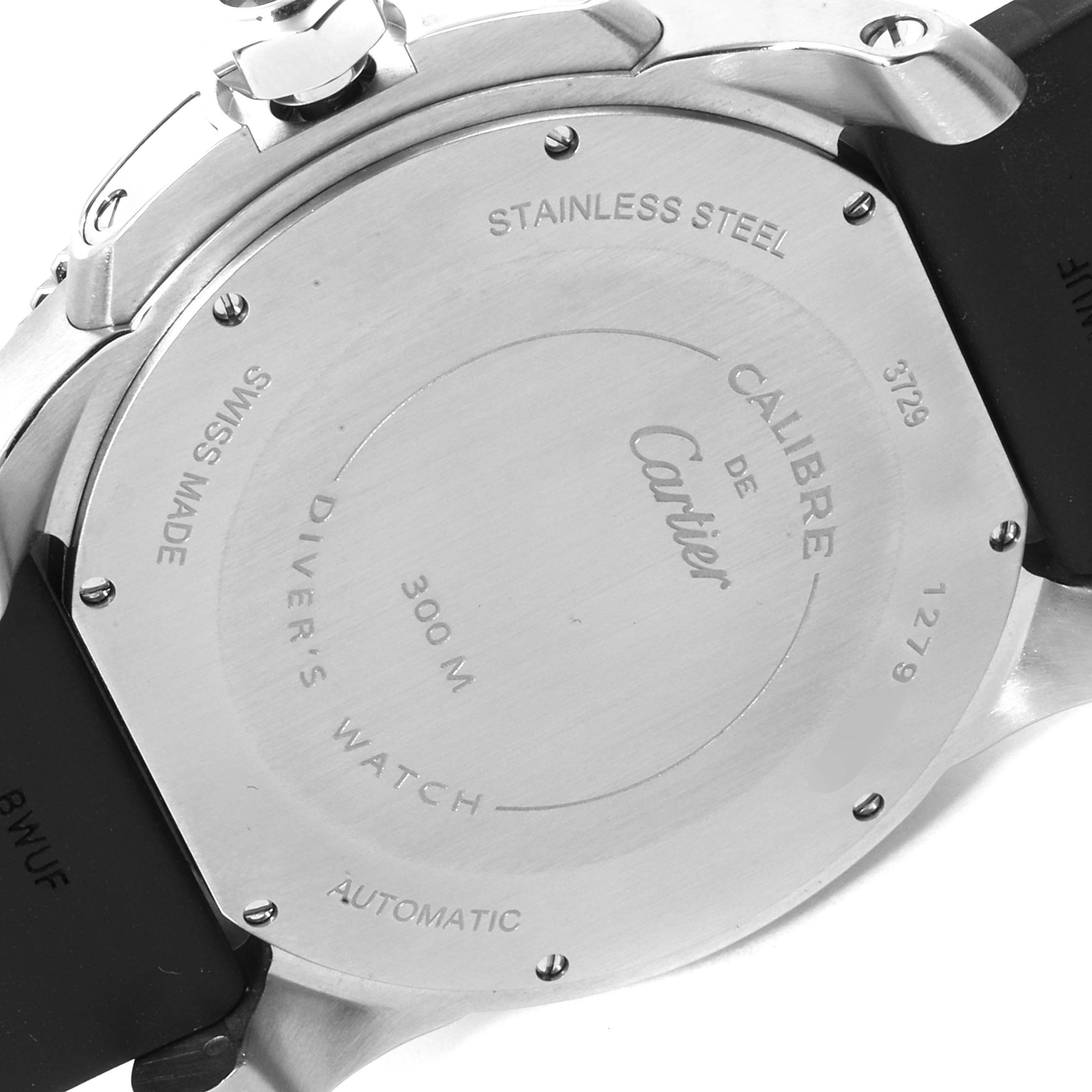 The image shows the back case of the Calibre de Cartier diver's watch, detailing its specifications and branding.