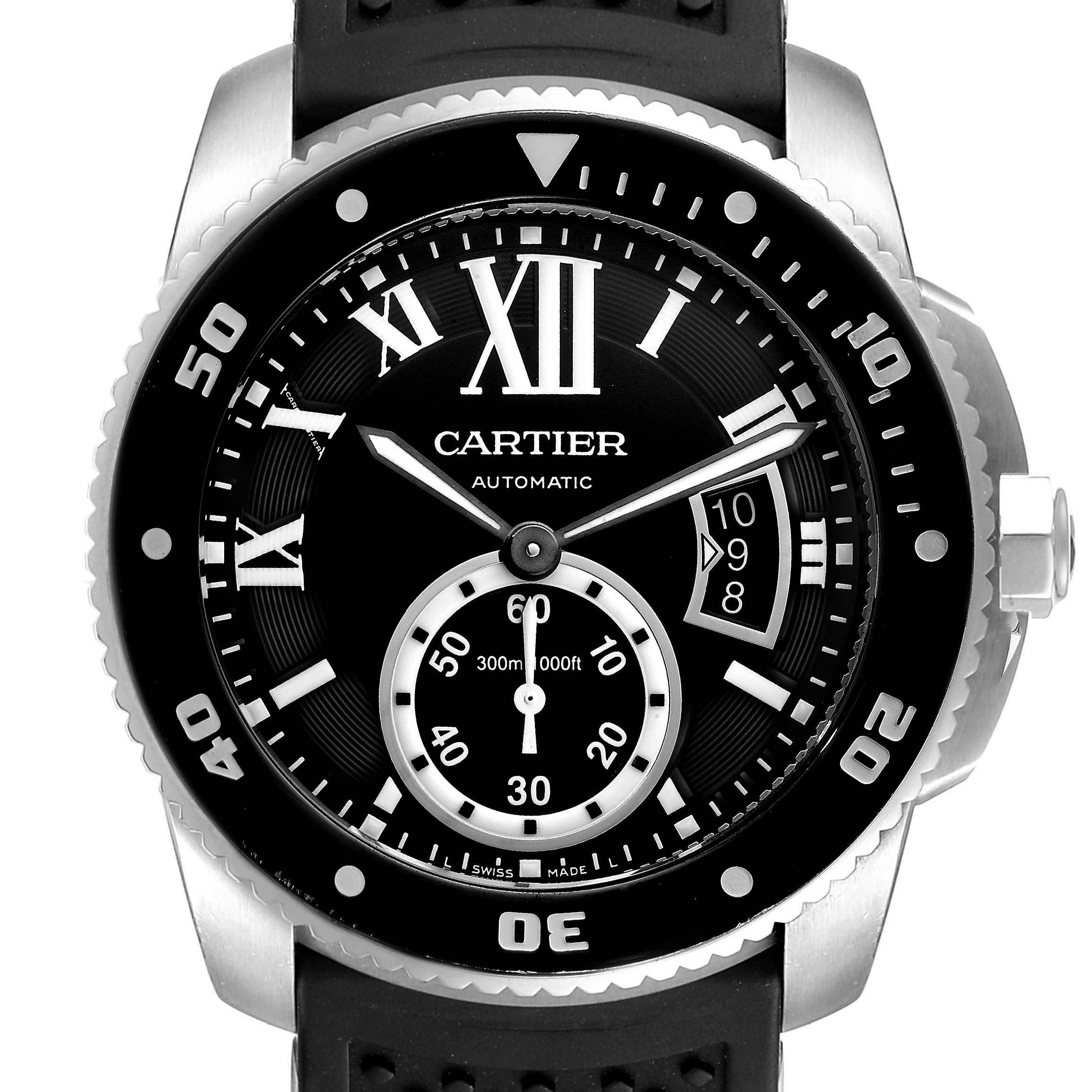 The image shows a front view of the Calibre de Cartier watch by Cartier, highlighting the dial, bezel, and crown.