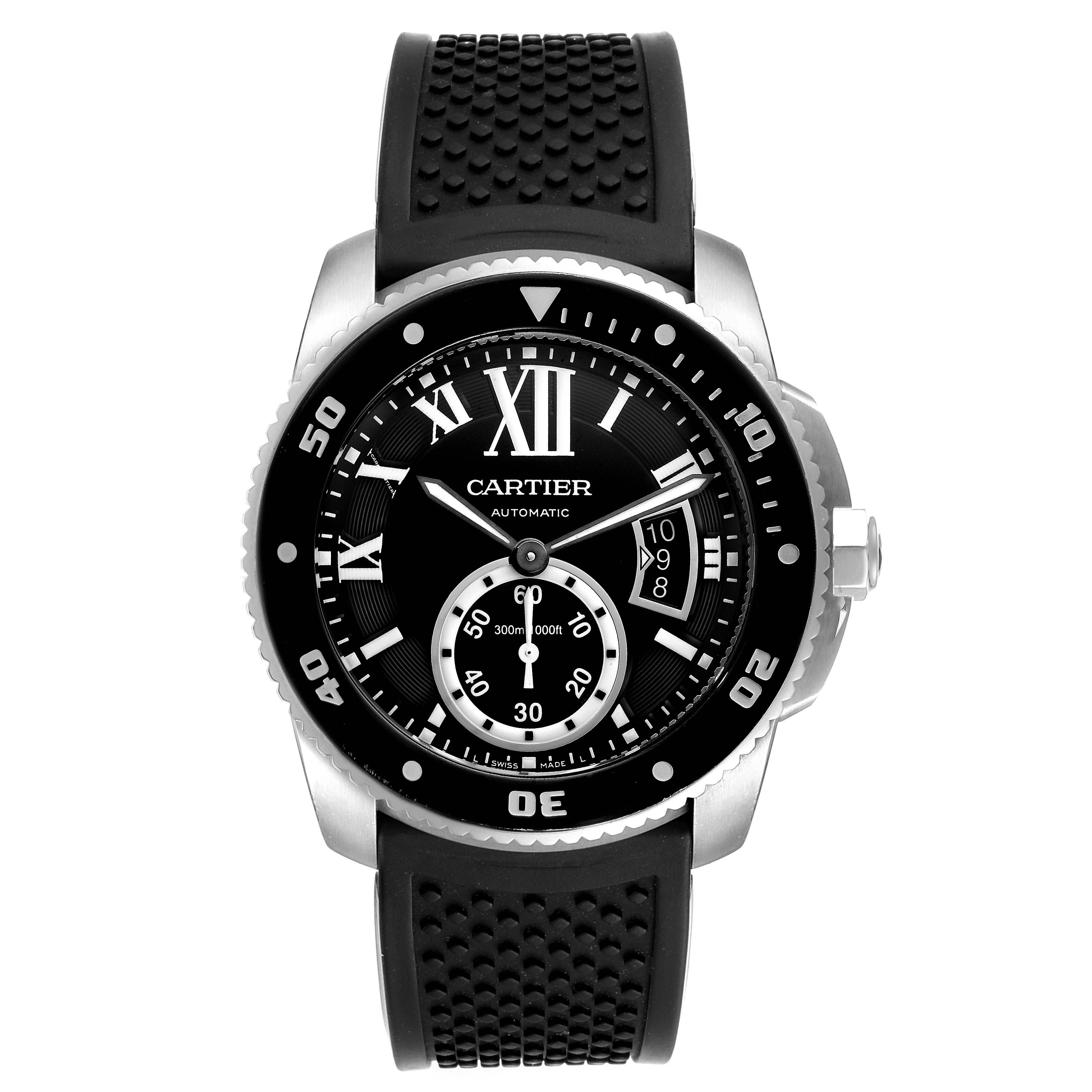 This image shows a frontal view of a Calibre de Cartier watch by Cartier, displaying the face and rubber strap.