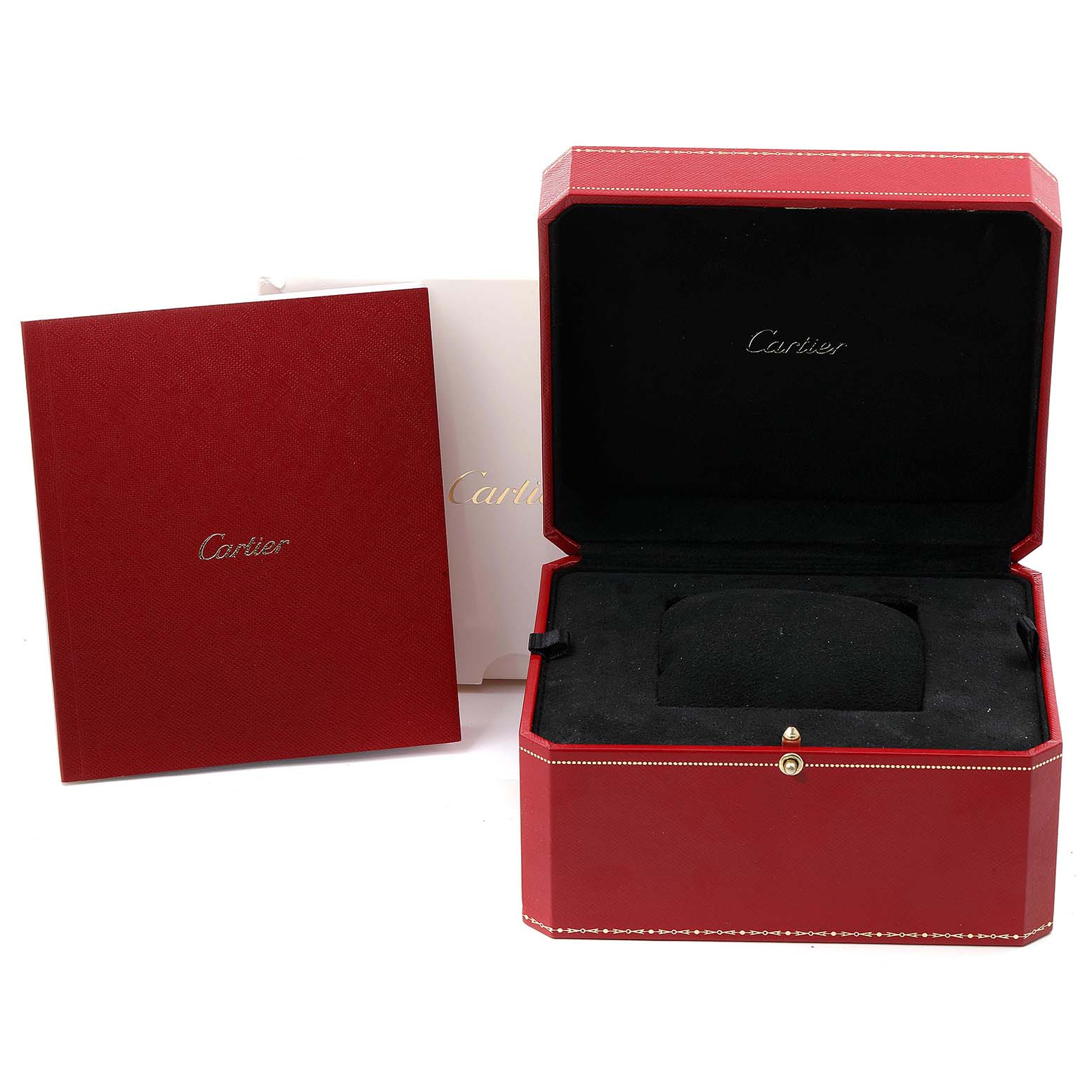 The image shows an open red Cartier Panthere W3PN0006 Women's Steel and Gold (two tone) Silver Dial W3PN0006 Women's Steel and Gold (two tone) Silver Dial watch box and its accompanying red booklet.
