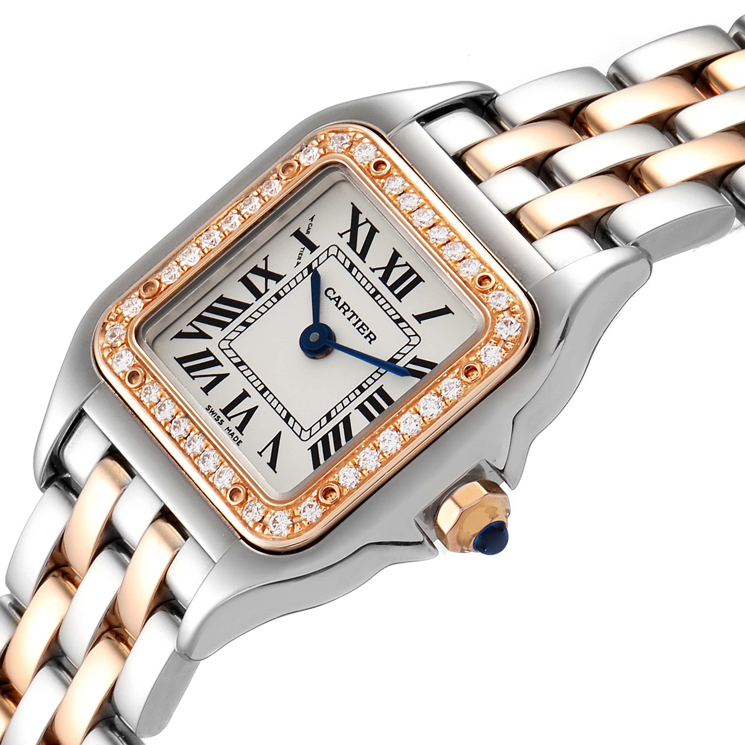 The image shows a close-up of the Cartier Panthere W3PN0006 Women's Steel and Gold (two tone) Silver Dial W3PN0006 Women's Steel and Gold (two tone) Silver Dial model watch face, bezel, and part of the bracelet.