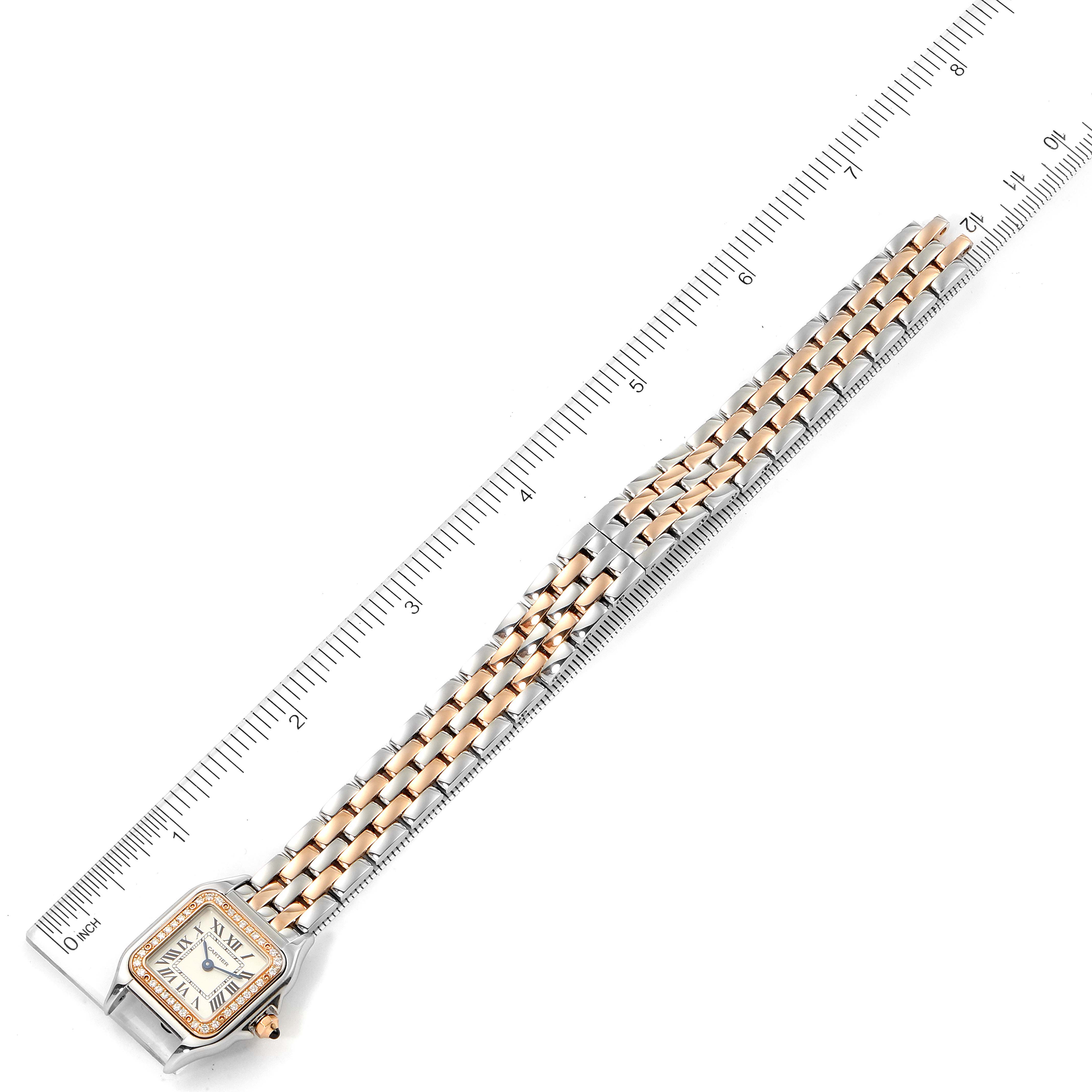 The image shows the full length of a Cartier Panthere W3PN0006 Women's Steel and Gold (two tone) Silver Dial W3PN0006 Women's Steel and Gold (two tone) Silver Dial watch, placed next to a ruler for size reference.