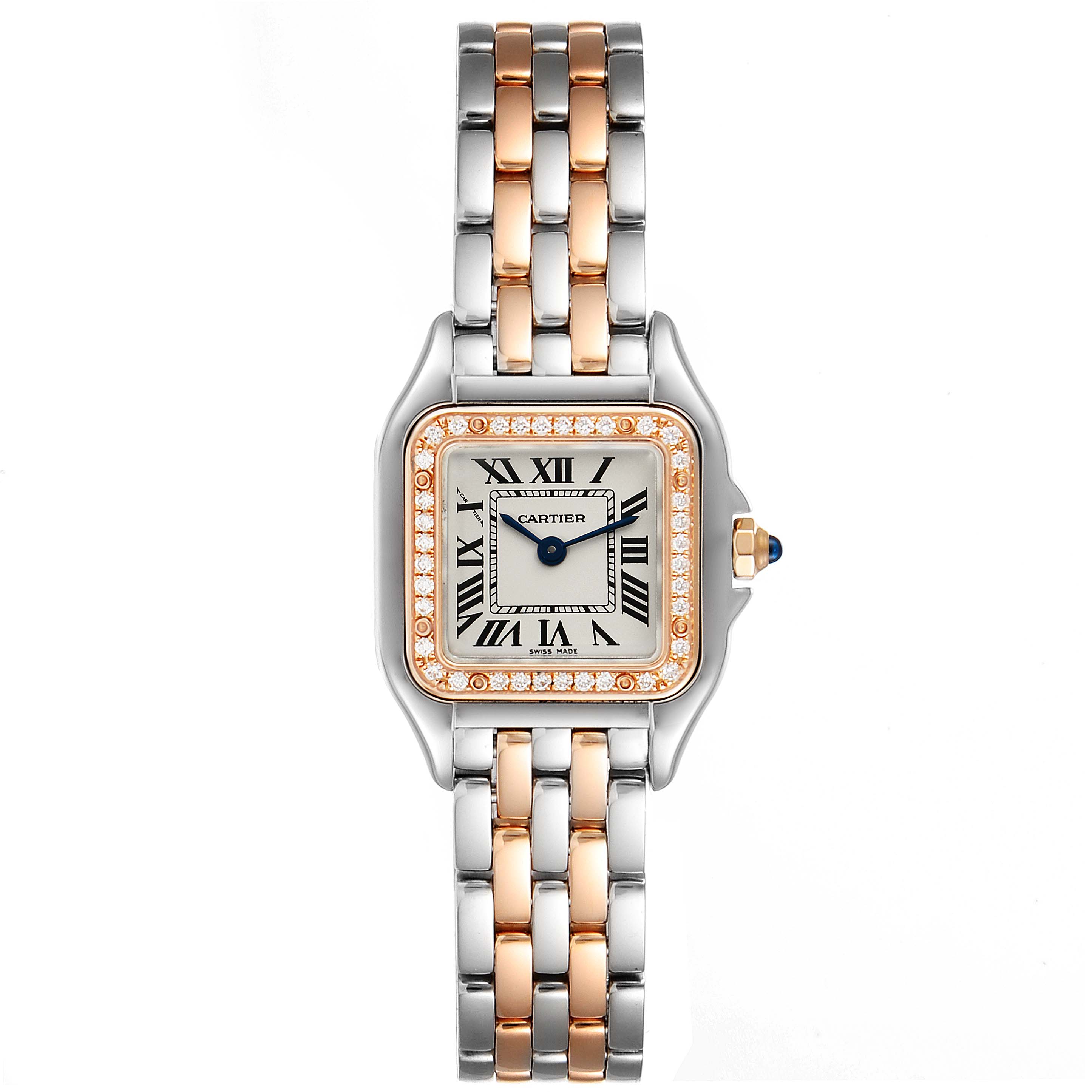 The image shows a front view of the Cartier Panthere W3PN0006 Women's Steel and Gold (two tone) Silver Dial W3PN0006 Women's Steel and Gold (two tone) Silver Dial watch, displaying the face, bezel, and part of the bracelet.