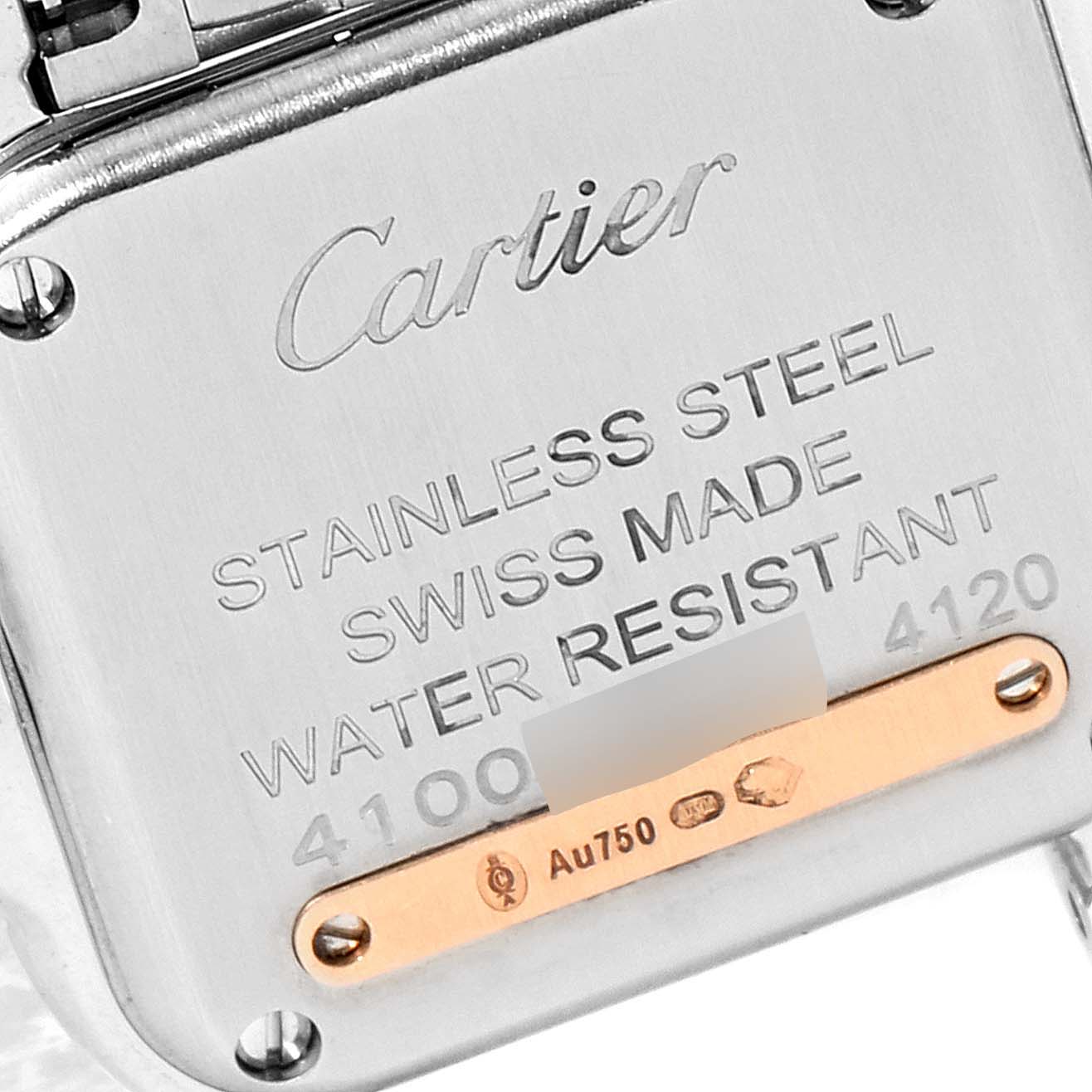 The image shows the back of the Panthere model watch by Cartier, highlighting its engravings and attachment screws.