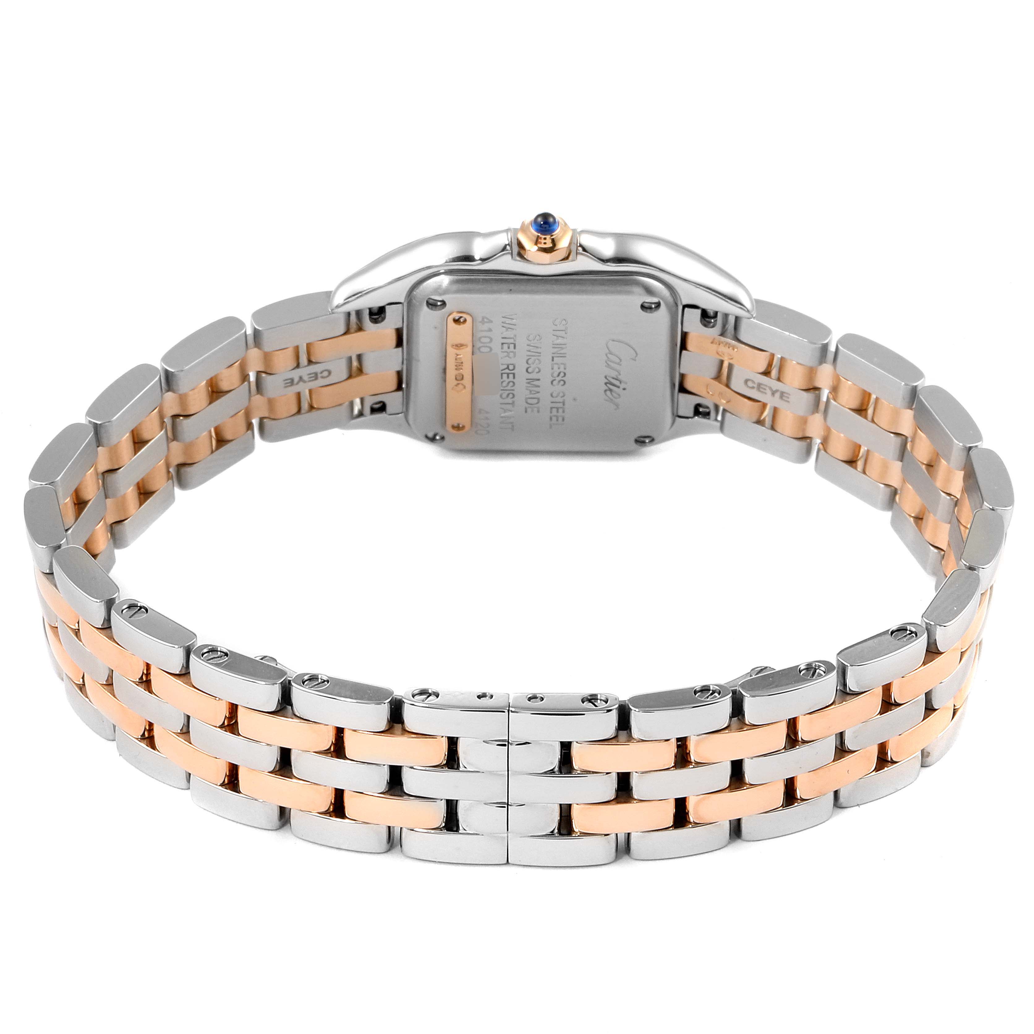 The image shows the back view of a Cartier Panthere W3PN0006 Women's Steel and Gold (two tone) Silver Dial W3PN0006 Women's Steel and Gold (two tone) Silver Dial watch, highlighting the two-tone bracelet and case back.