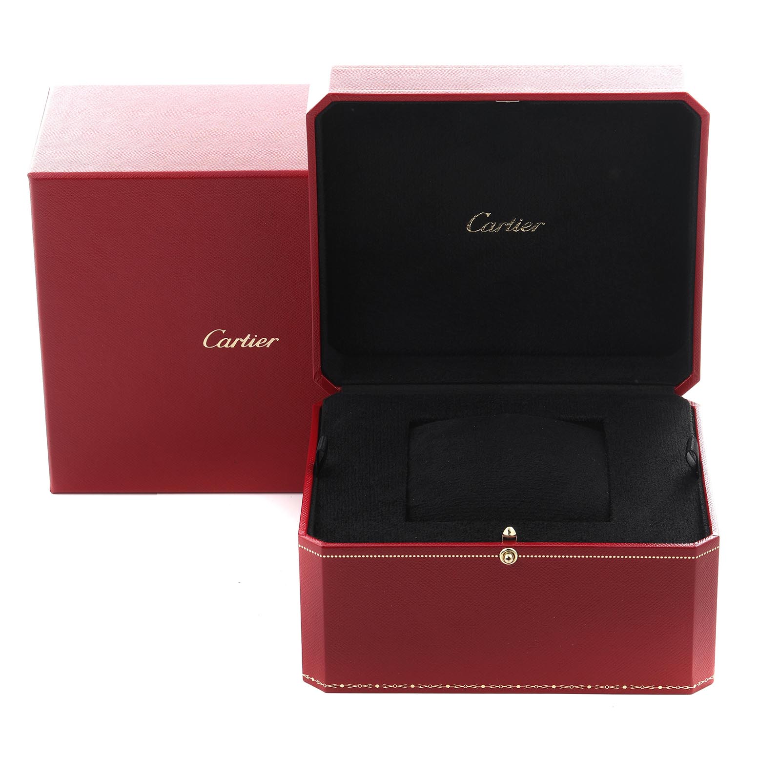 The image shows a Cartier Pasha WJPA0012 Women's Rose Gold Silver Dial WJPA0012 Women's Rose Gold Silver Dial watch box, open to reveal a black interior and a red outer case.