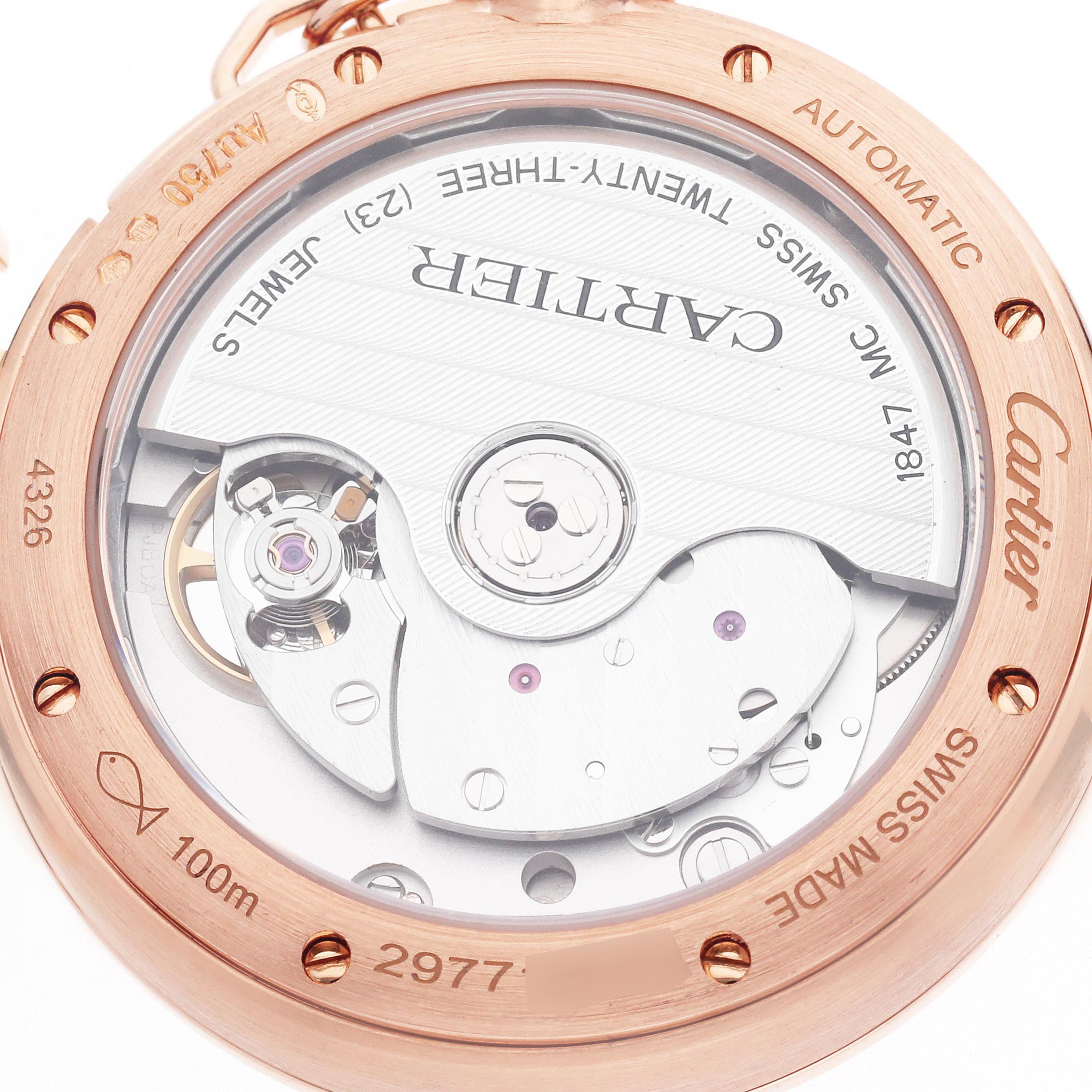 The image shows the back view of a Cartier Pasha WJPA0012 Women's Rose Gold Silver Dial watch, highlighting its automatic movement and intricate mechanism details.