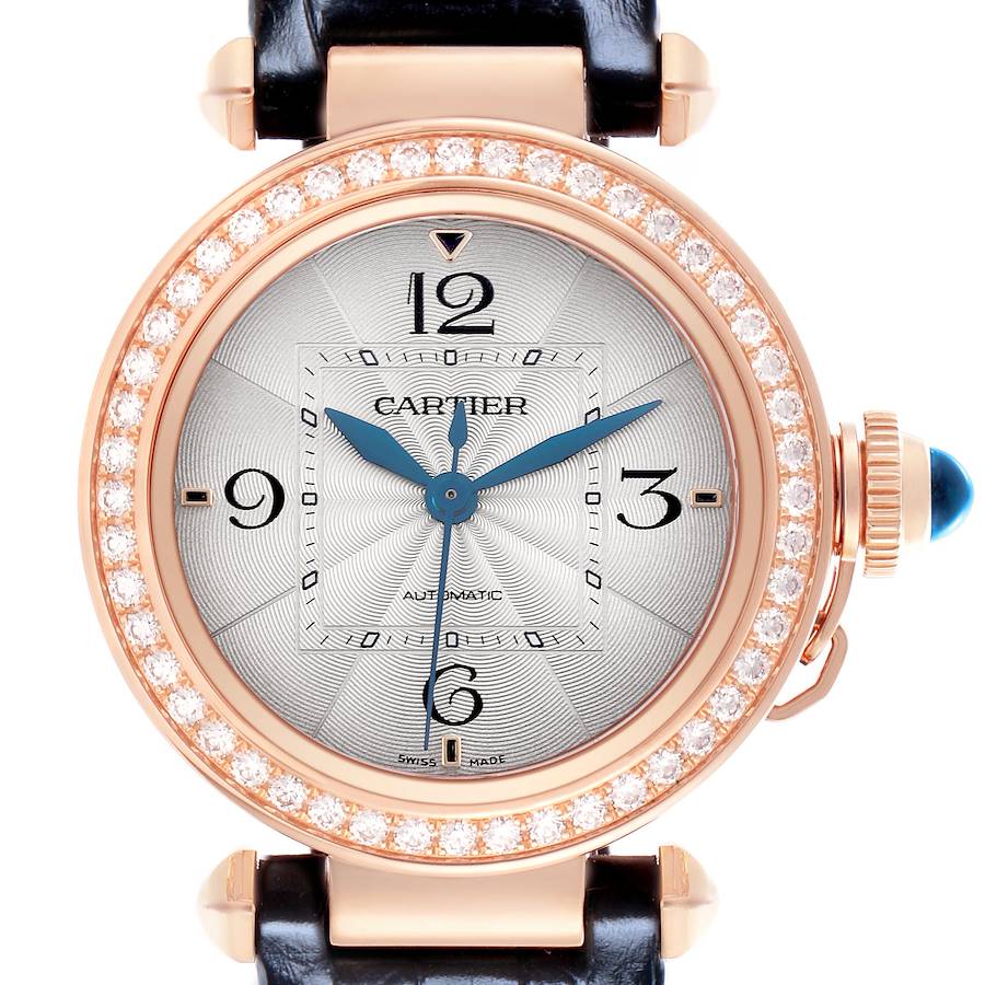 The Cartier Pasha WJPA0012 Women's Rose Gold Silver Dial watch is shown from the front, highlighting the dial, diamond bezel, and crown.