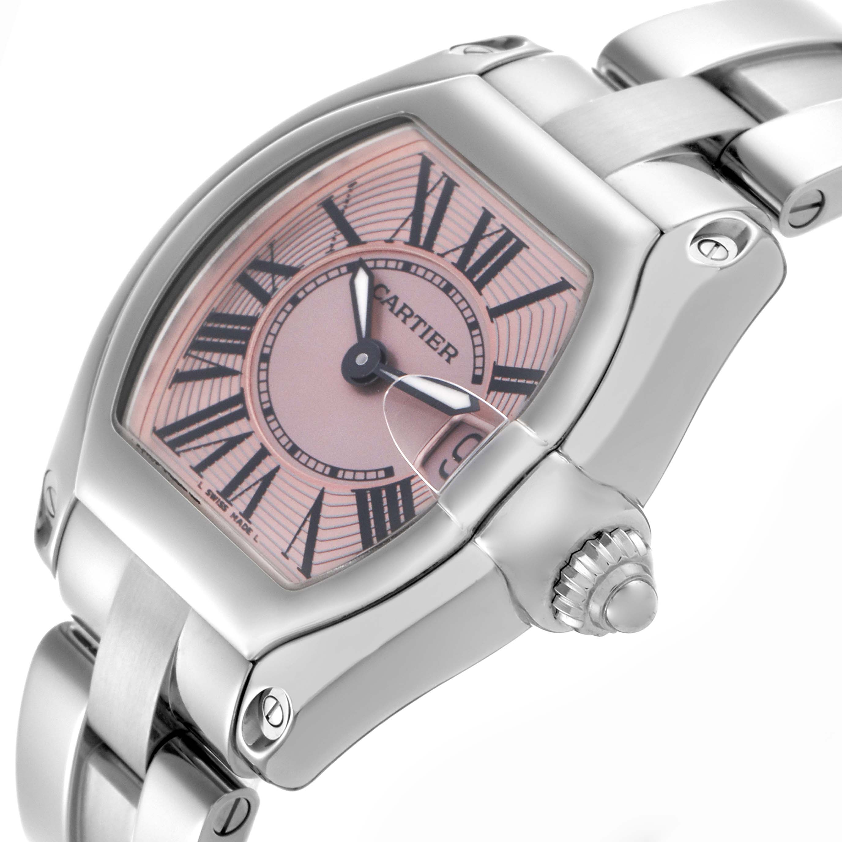 The Cartier Roadster W62017V3 Women's Stainless Steel Pink Dial W62017V3 Women's Stainless Steel Pink Dial watch is shown in a close-up side angle, highlighting the dial, case, bracelet, and crown.