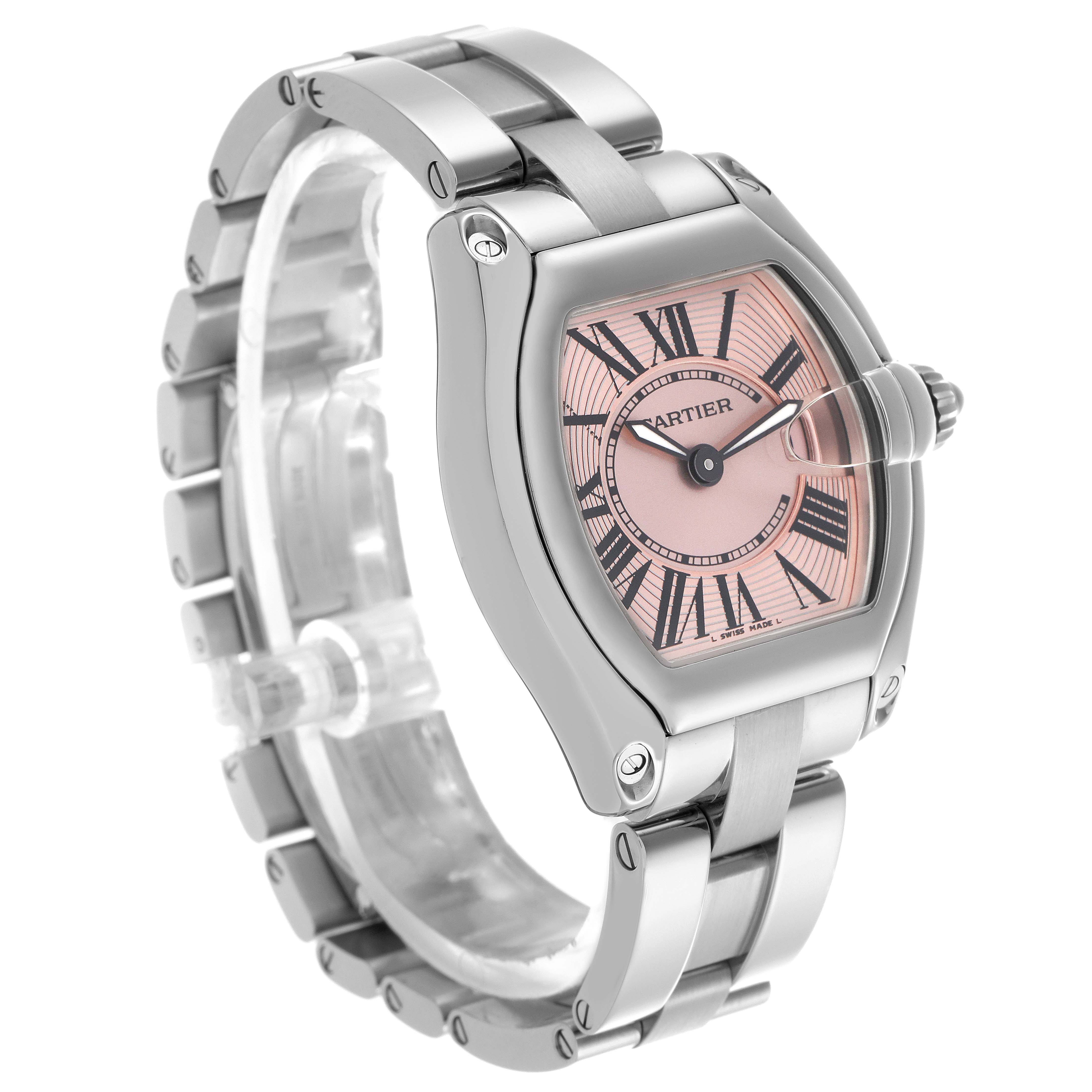 The Cartier Roadster W62017V3 Women's Stainless Steel Pink Dial W62017V3 Women's Stainless Steel Pink Dial watch is shown at a three-quarter angle highlighting the bracelet, case, and pink dial.