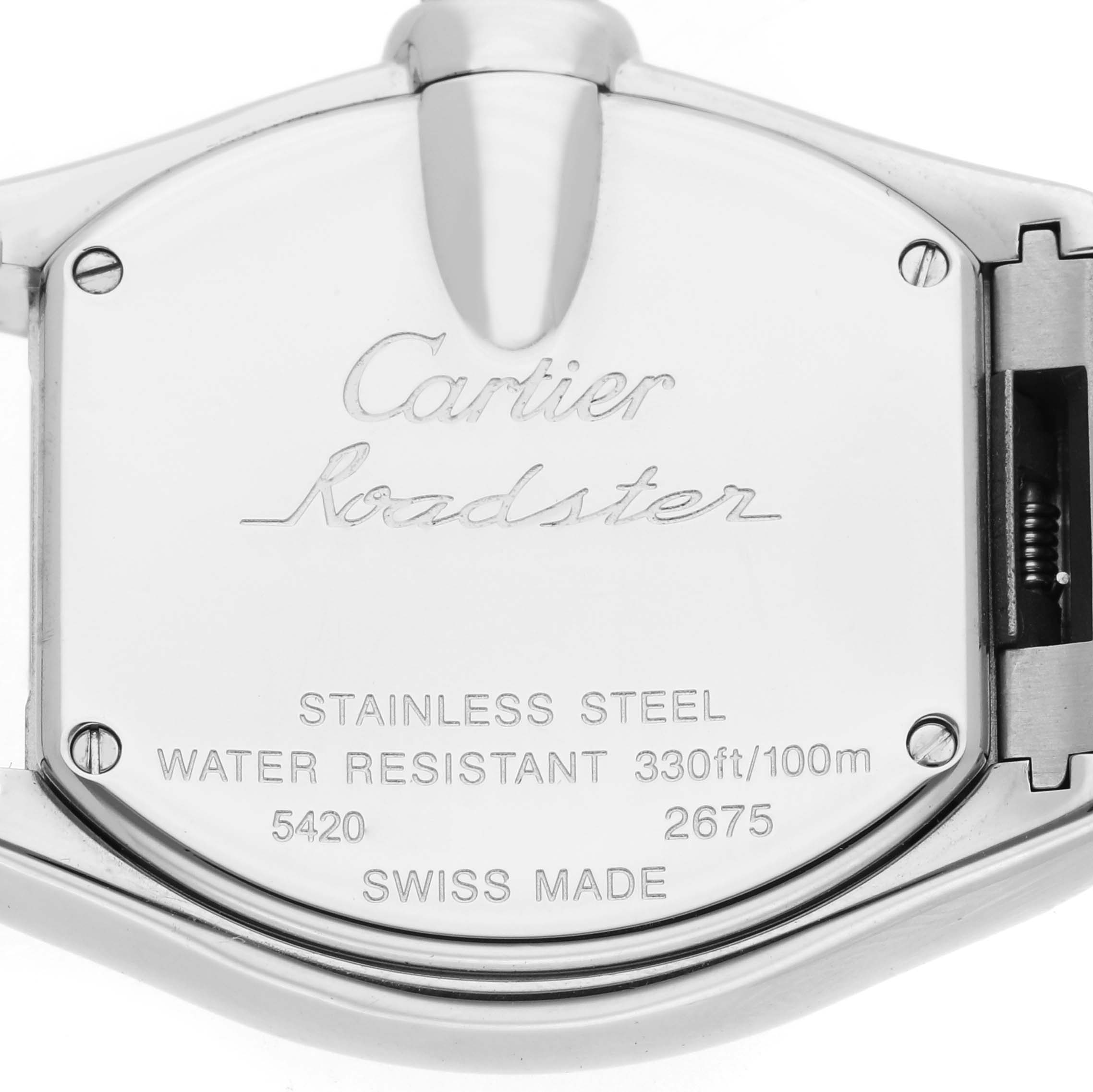 The image shows the case back of the Cartier Roadster W62017V3 Women's Stainless Steel Pink Dial W62017V3 Women's Stainless Steel Pink Dial watch, highlighting its water resistance and stainless steel composition.