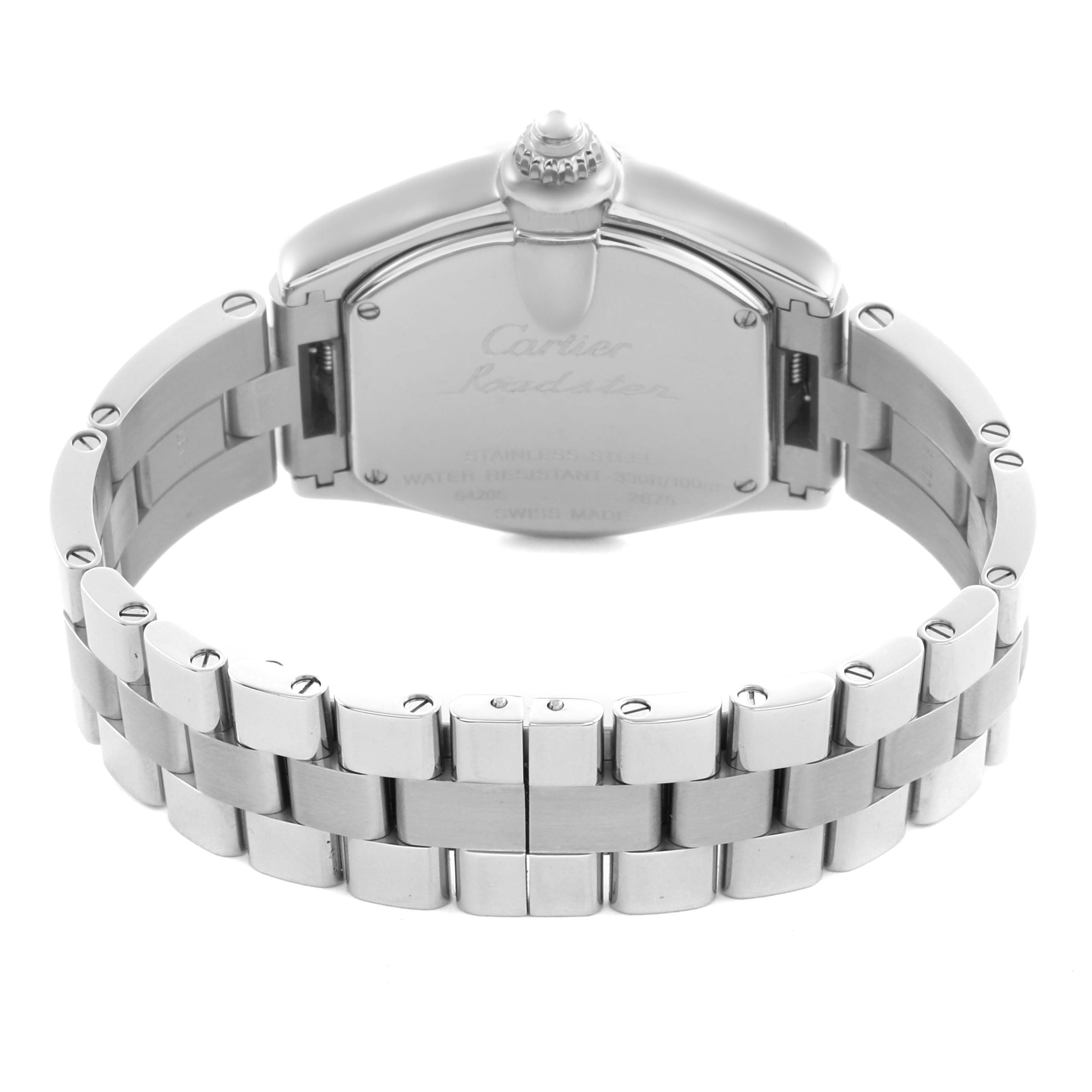 The image shows the back of a Cartier Roadster W62017V3 Women's Stainless Steel Pink Dial W62017V3 Women's Stainless Steel Pink Dial watch, focusing on its stainless steel bracelet and case back.