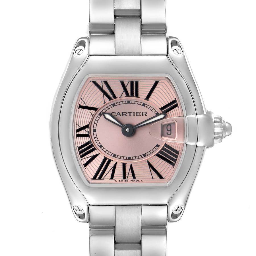The image shows a Cartier Roadster watch face from the front, highlighting the dial, Roman numerals, and metal bracelet.