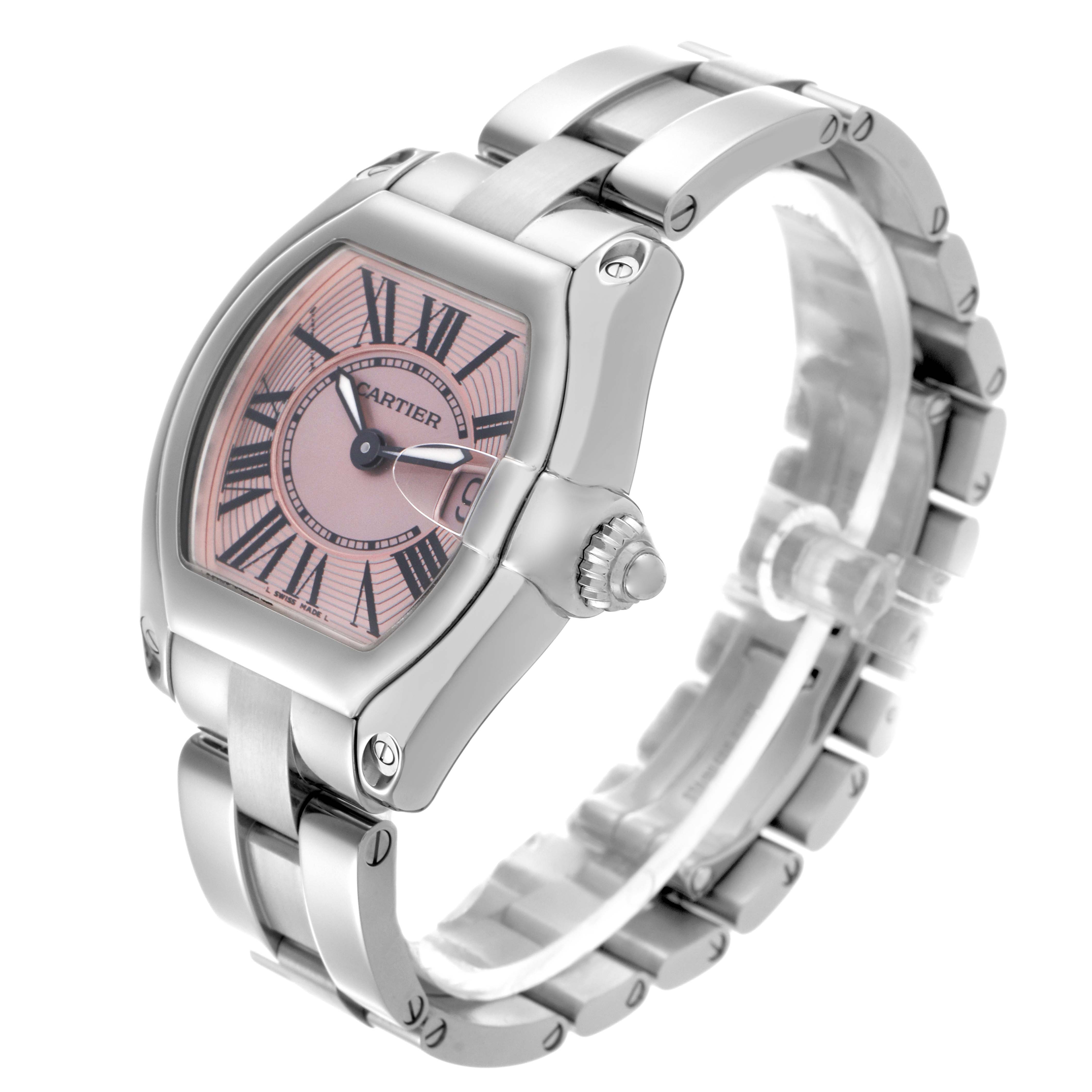 The Cartier Roadster W62017V3 Women's Stainless Steel Pink Dial W62017V3 Women's Stainless Steel Pink Dial watch is shown at an angled side view, highlighting the case, pink dial, crown, and part of the bracelet.