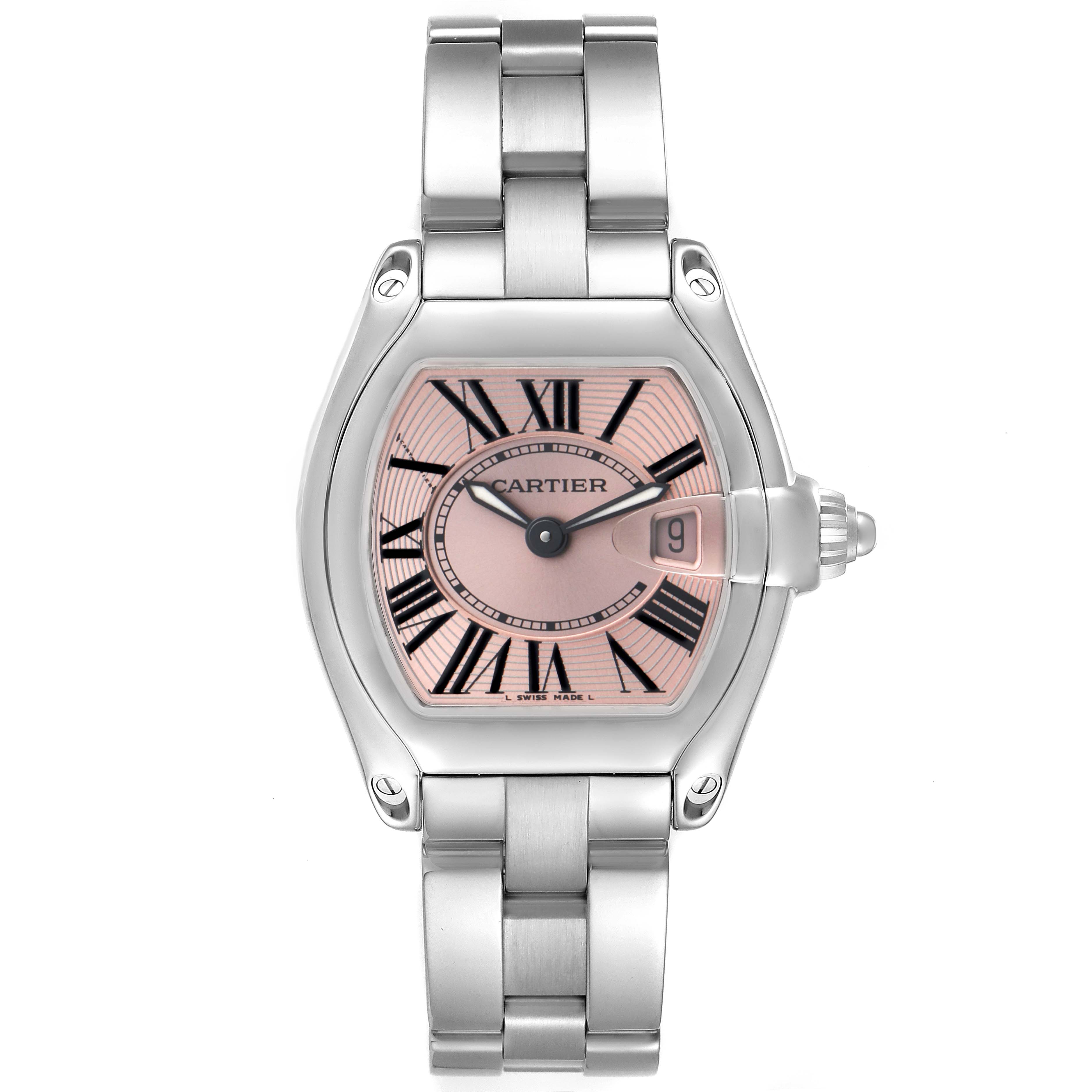 The Cartier Roadster W62017V3 Women's Stainless Steel Pink Dial W62017V3 Women's Stainless Steel Pink Dial watch is shown from a front angle, featuring its dial, bracelet, and winding crown.