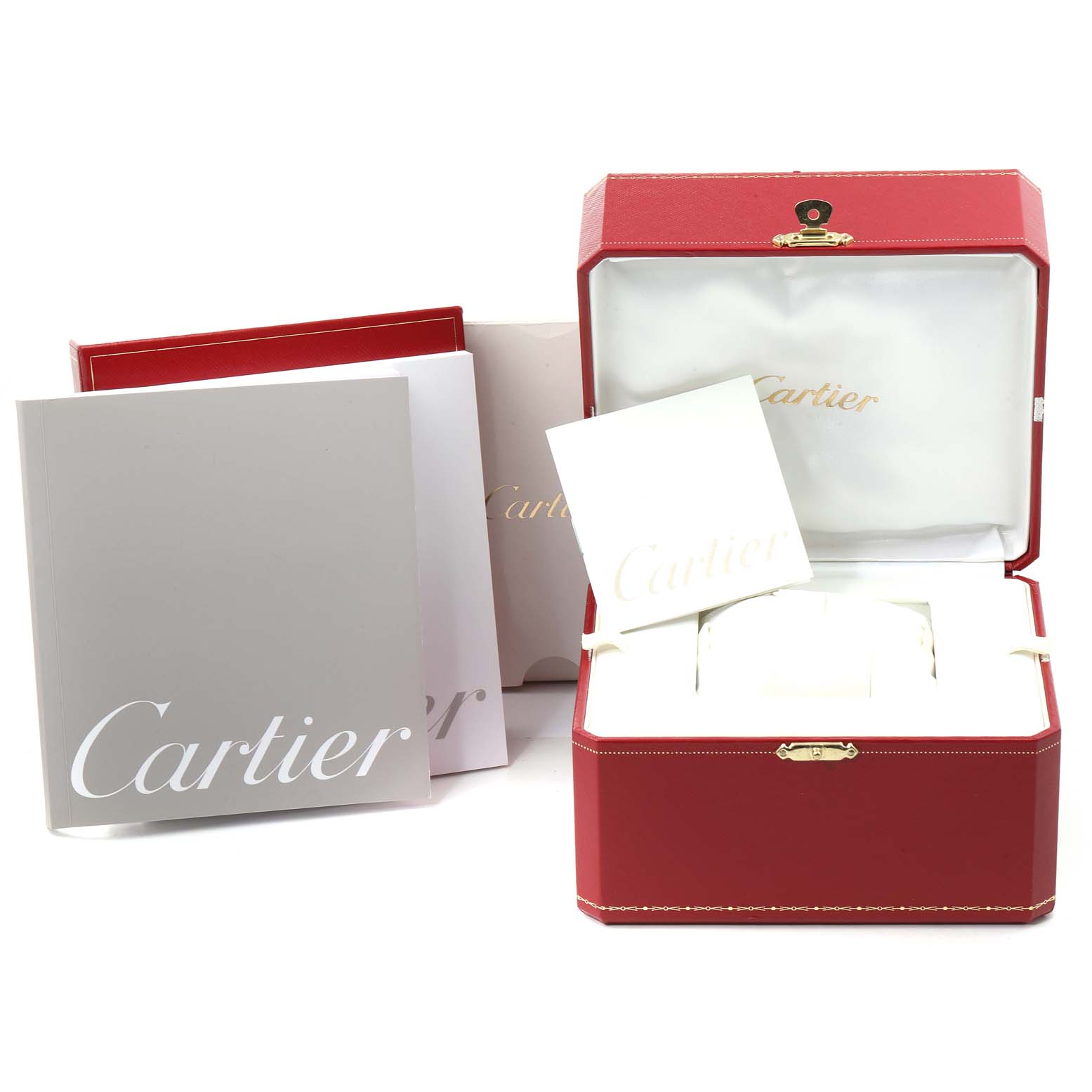 The image shows the packaging, including the box and manuals, for the Cartier Roadster W62020X6 Men
s Stainless Steel Black Dial W62020X6 Men
s Stainless Steel Black Dial model watch.
