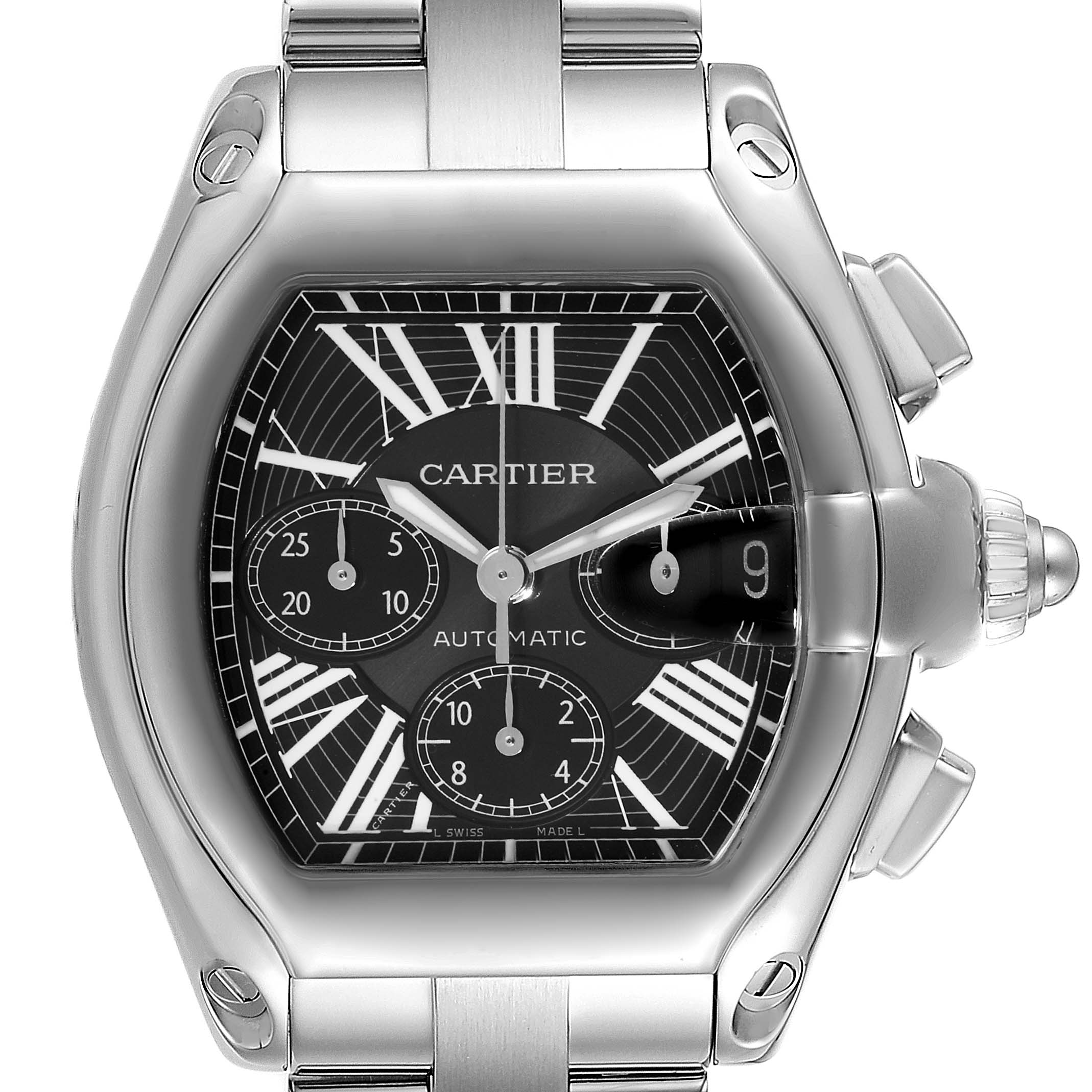 This image shows a close-up front view of the Cartier Roadster W62020X6 Men
s Stainless Steel Black Dial W62020X6 Men
s Stainless Steel Black Dial watch, highlighting its face, dial, and part of the bracelet.