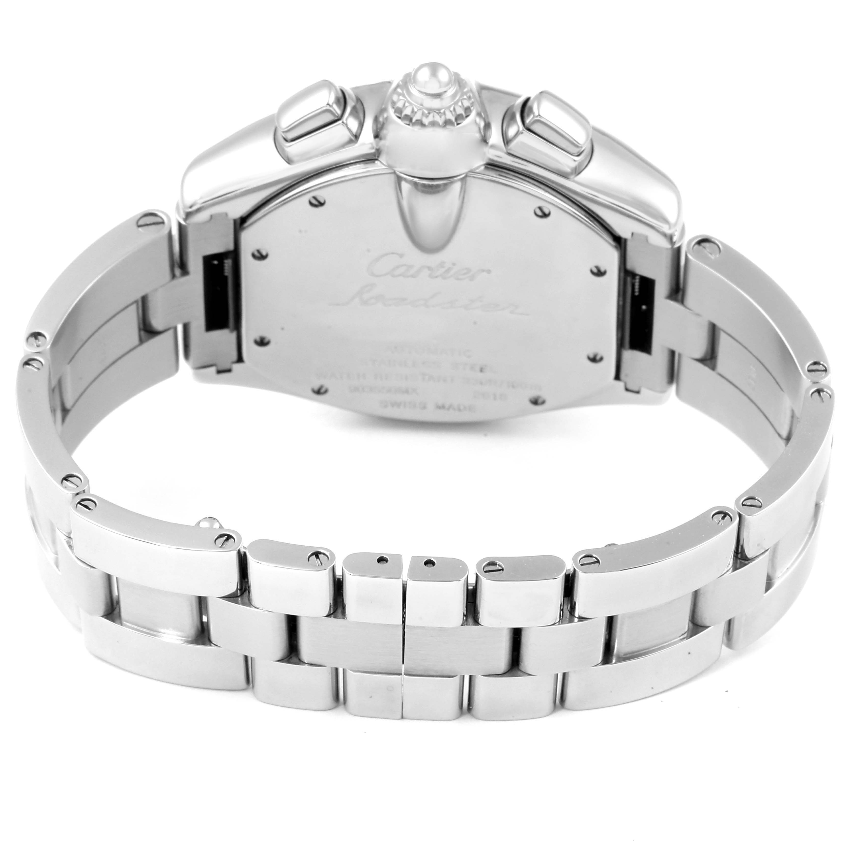 The image shows the back view of the Cartier Roadster W62020X6 Men
s Stainless Steel Black Dial W62020X6 Men
s Stainless Steel Black Dial watch, highlighting its clasp, bracelet, and case back.