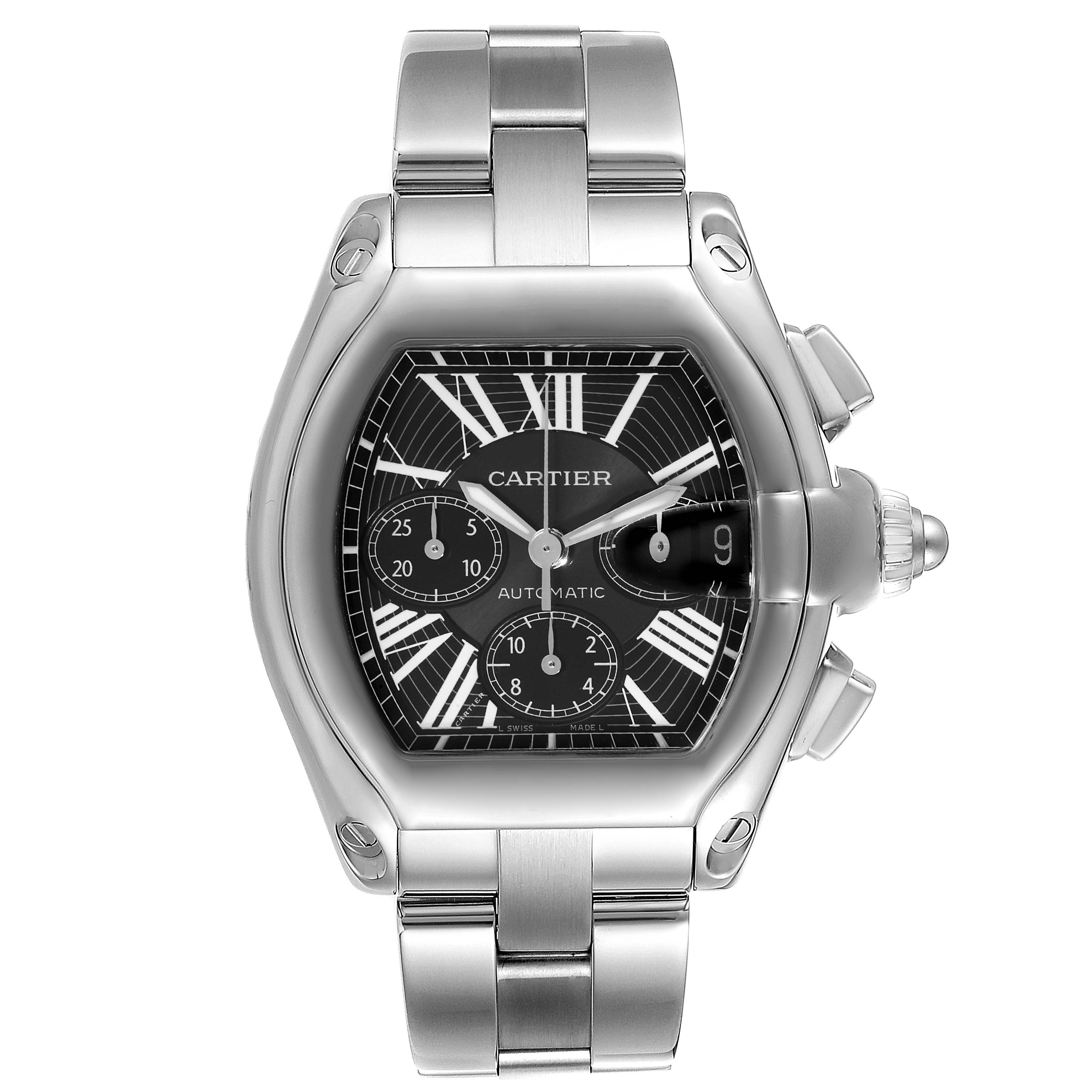 This image shows a front view of a Cartier Roadster W62020X6 Men
s Stainless Steel Black Dial W62020X6 Men
s Stainless Steel Black Dial model watch, highlighting its dial, bracelet, and crown.