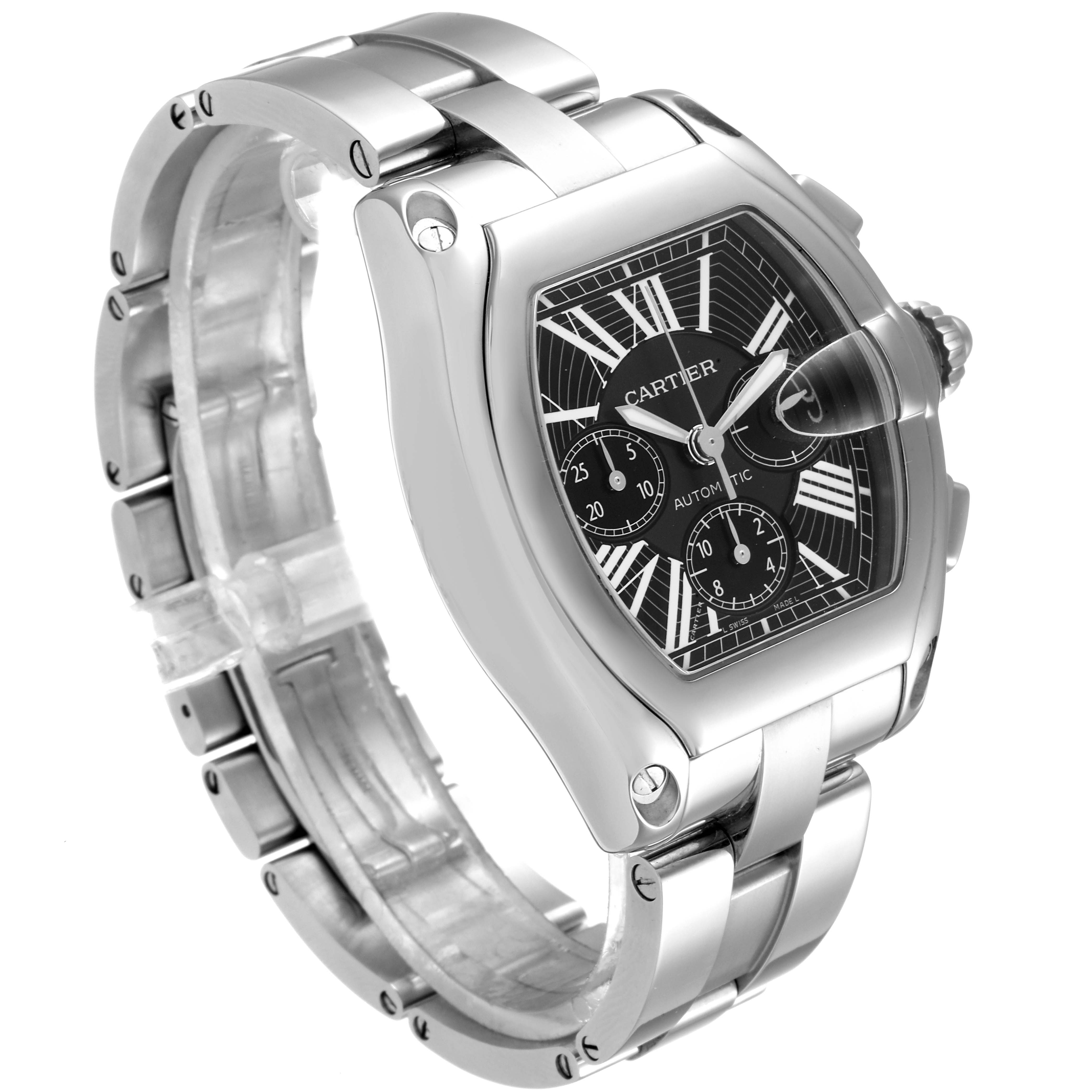 The image shows a Cartier Roadster W62020X6 Men
s Stainless Steel Black Dial W62020X6 Men
s Stainless Steel Black Dial watch from a front angle emphasizing its face and steel bracelet.