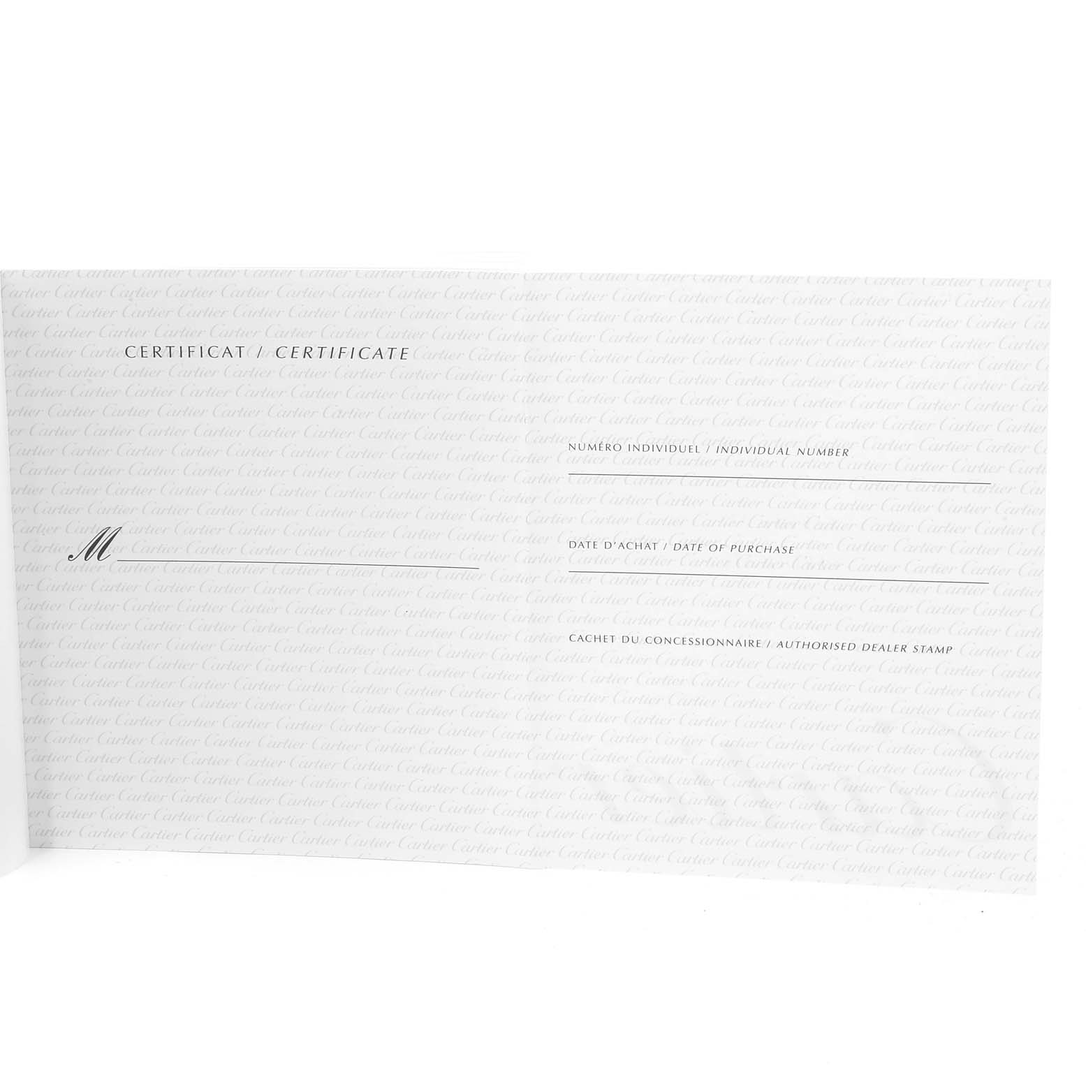 The image shows the certification card for a Cartier Roadster W62020X6 Men
s Stainless Steel Black Dial W62020X6 Men
s Stainless Steel Black Dial watch, with spaces for individual number, date of purchase, and dealer stamp.