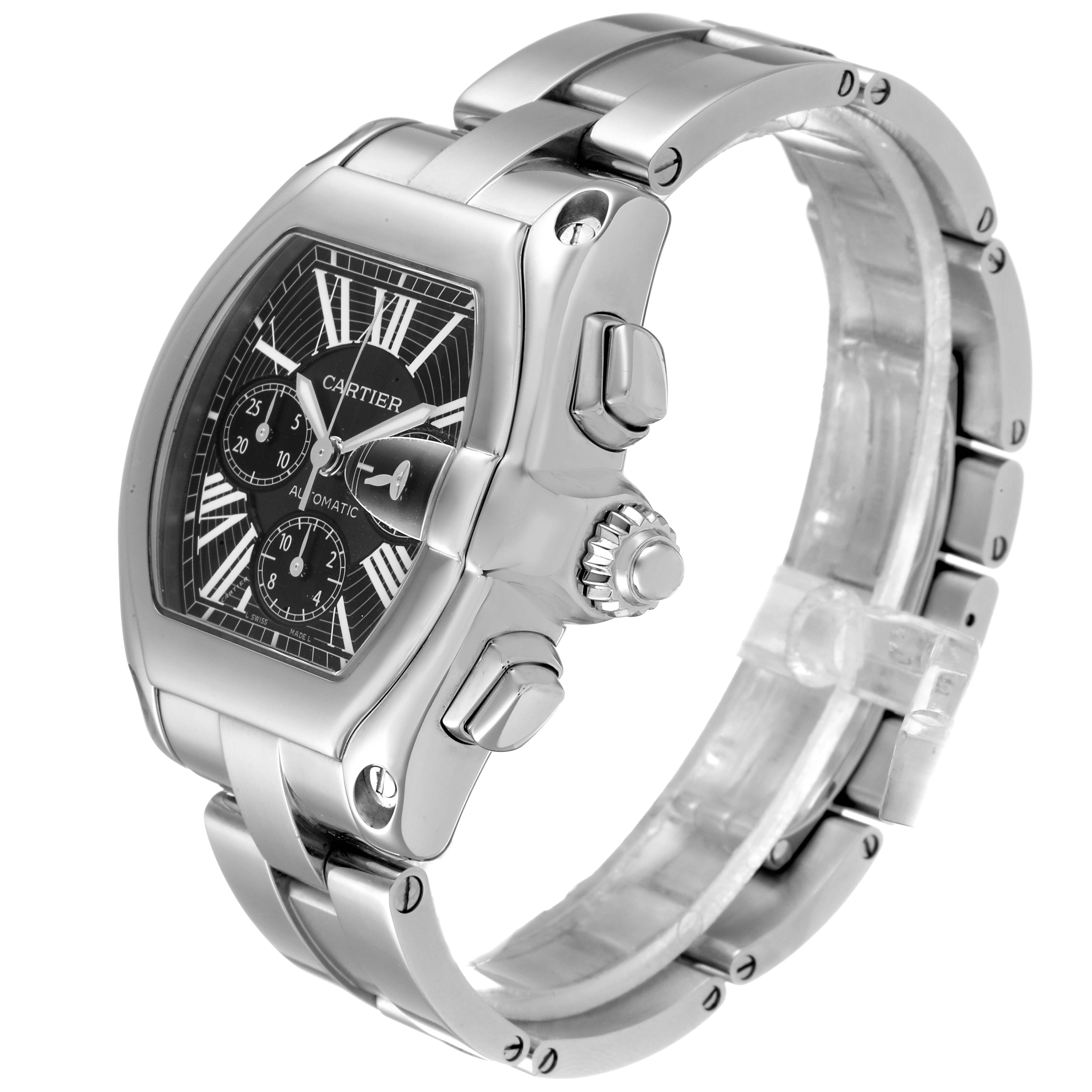 The image shows a Cartier Roadster W62020X6 Men
s Stainless Steel Black Dial W62020X6 Men
s Stainless Steel Black Dial watch at a three-quarter angle, highlighting the dial, case, crown, and bracelet.
