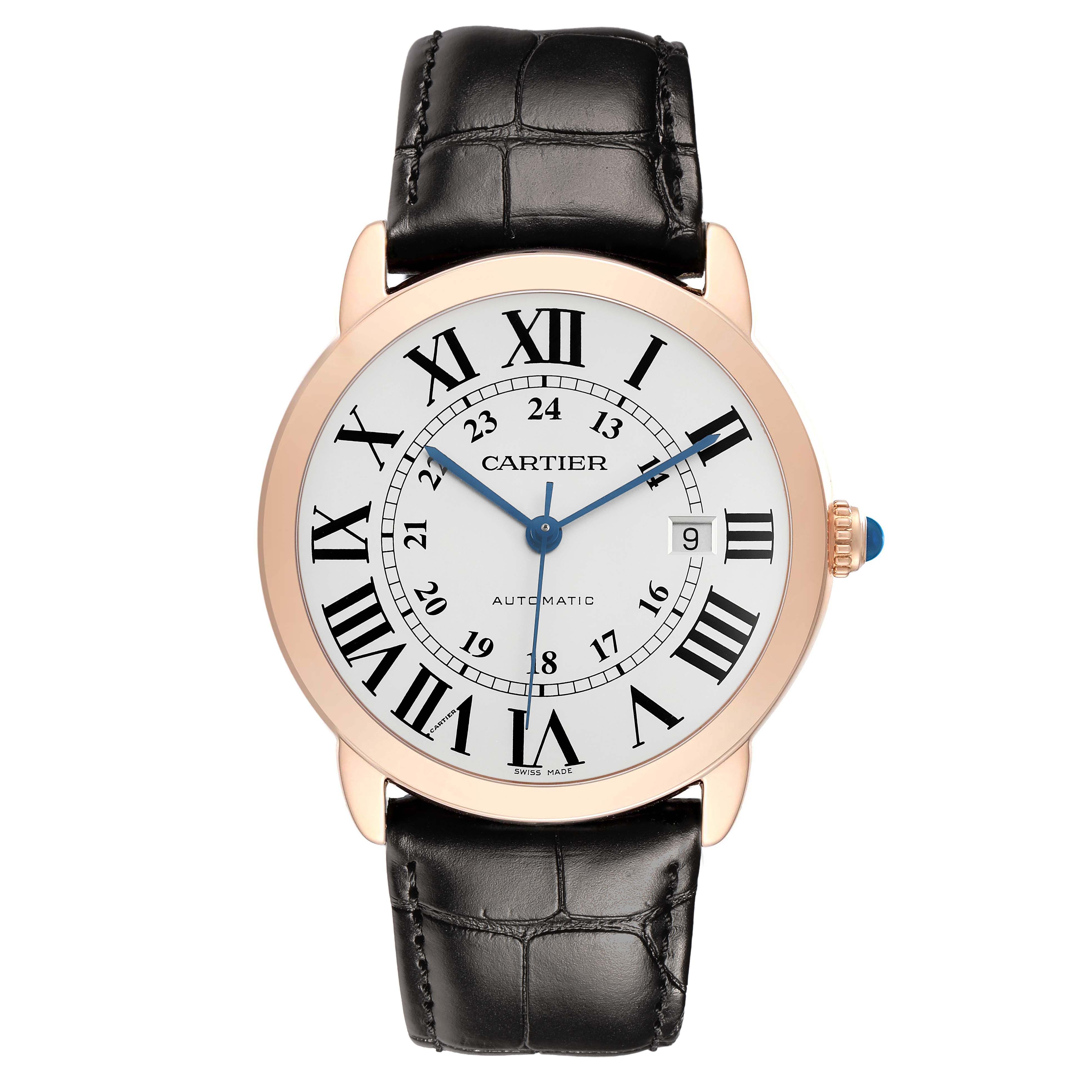 The Cartier Ronde W6701009 Men's Rose Gold Silver Dial watch is shown from the front, highlighting its dial, Roman numerals, hands, case, and black leather strap.