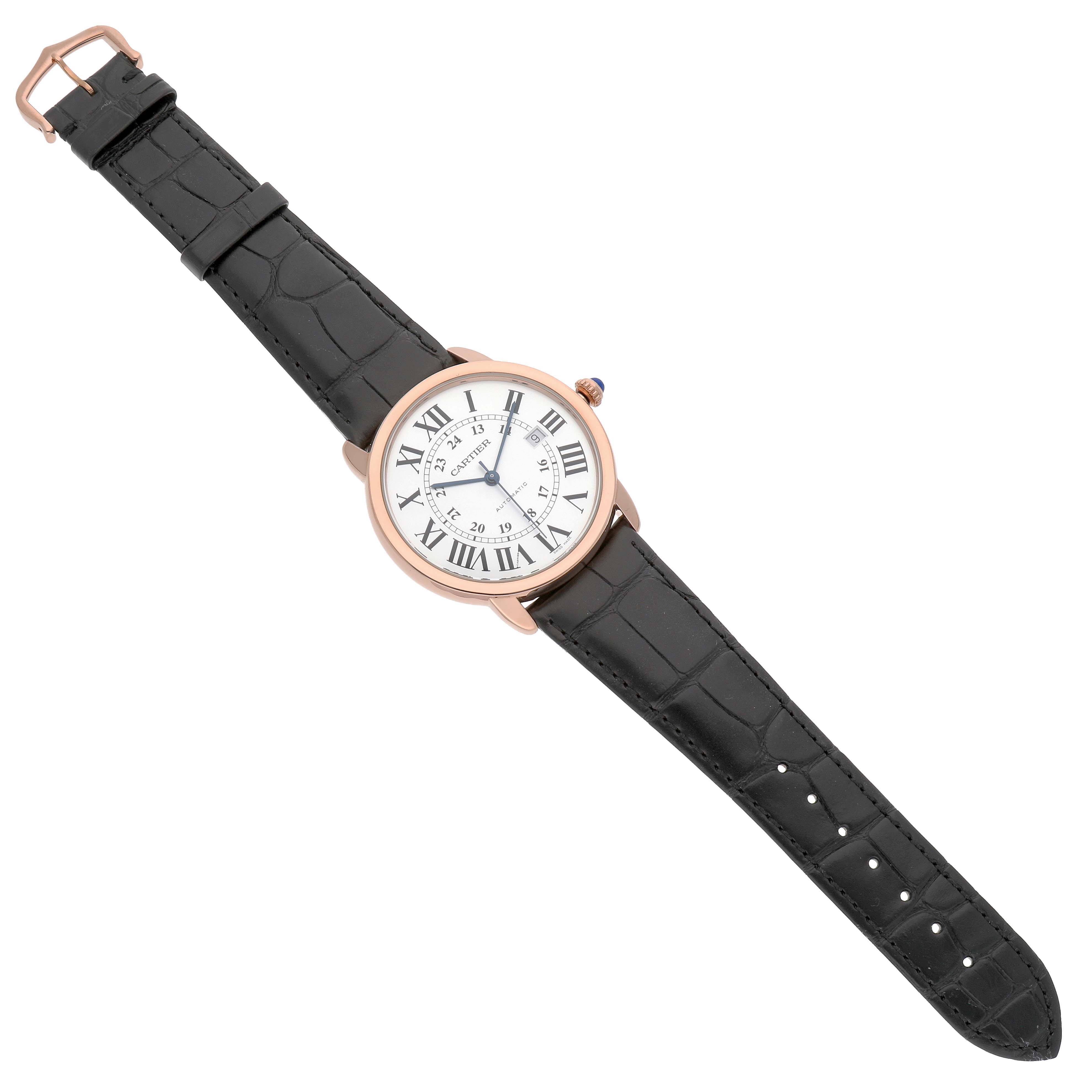 The Cartier Ronde W6701009 Men's Rose Gold Silver Dial watch is shown from a top-down angle, displaying its full face, strap, and buckle.