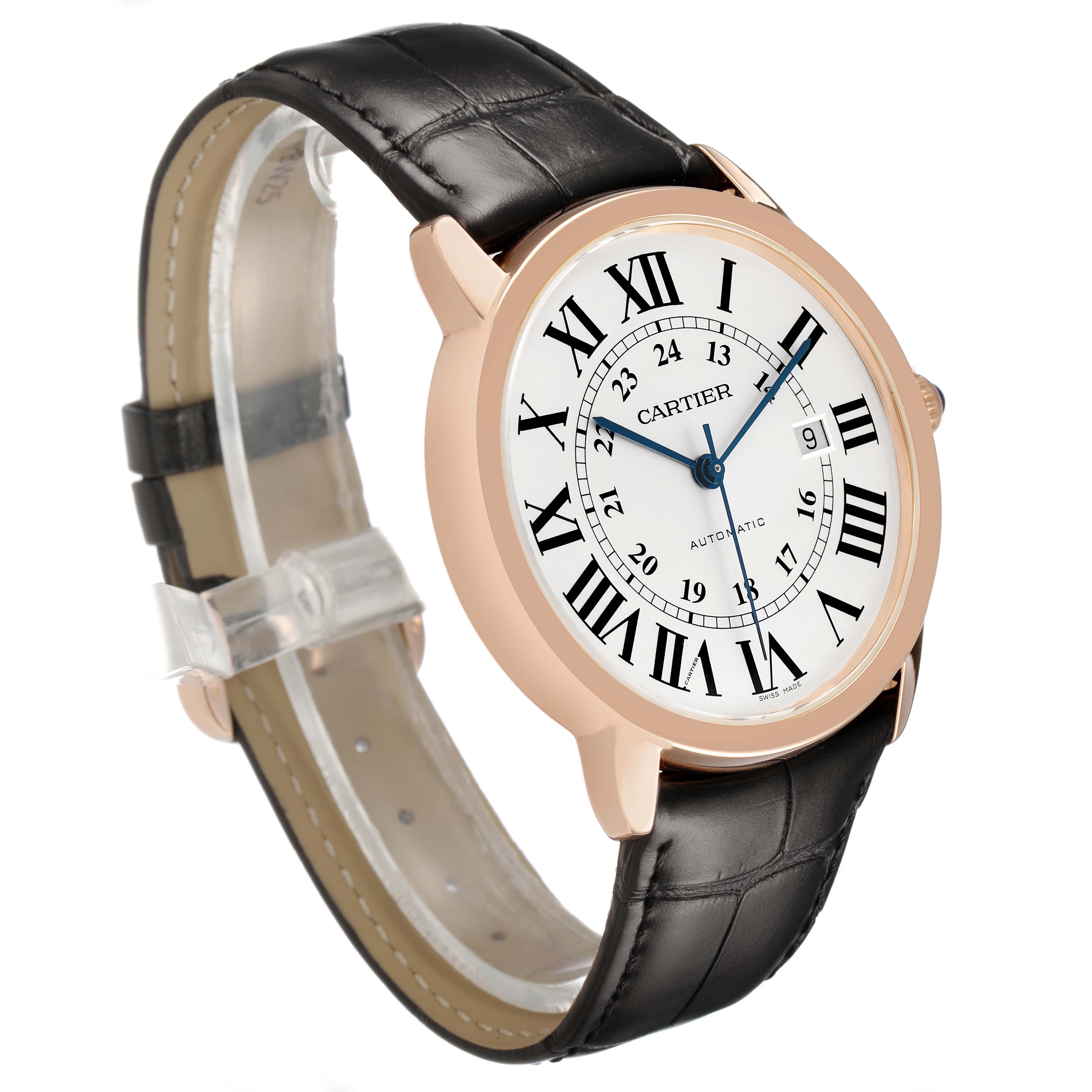 The Ronde model by Cartier is shown at an oblique angle, displaying the dial, case, and leather strap.