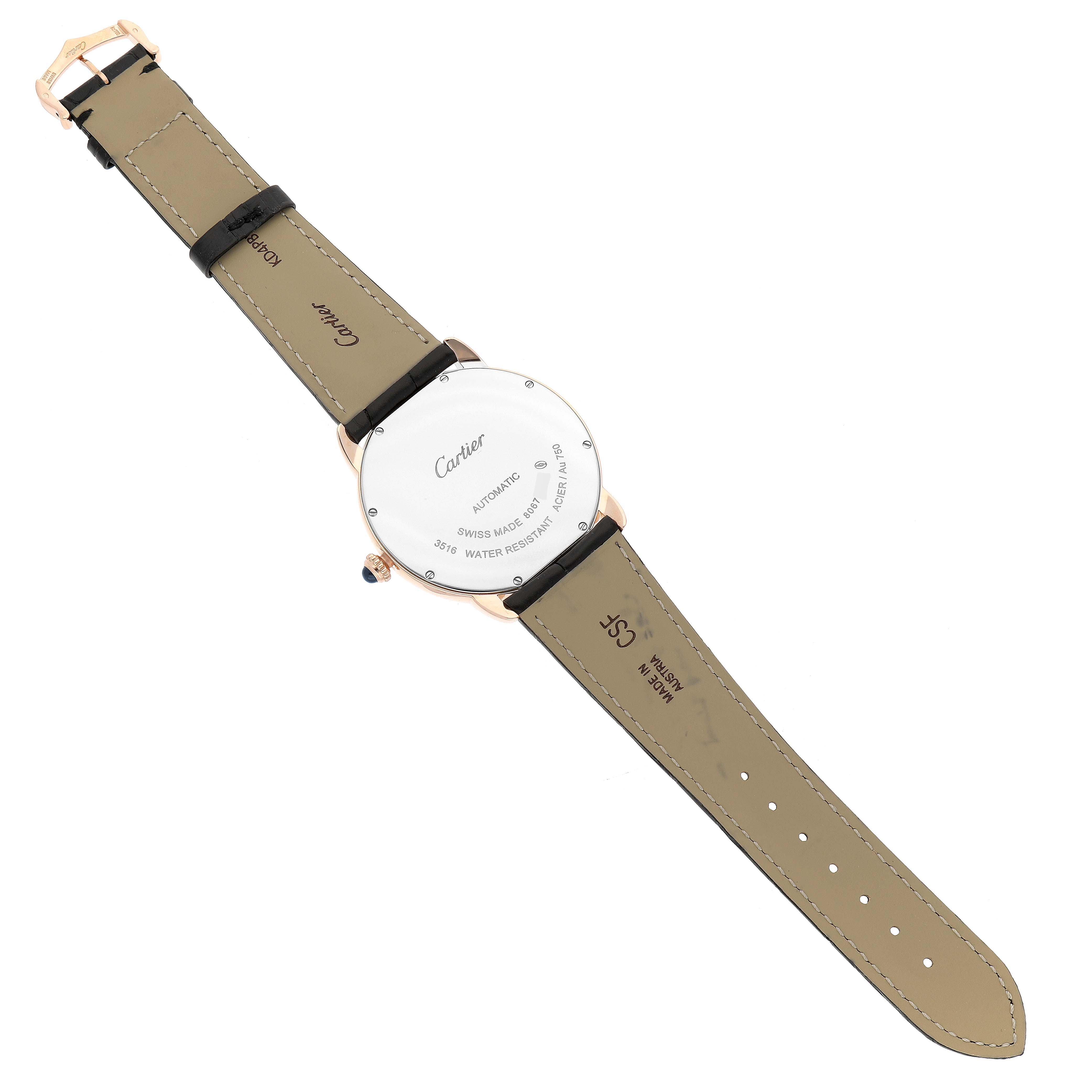 The image shows the back case of a Cartier Ronde W6701009 Men's Rose Gold Silver Dial model watch, highlighting the strap and clasp.