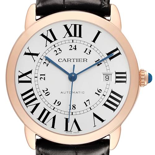 The Cartier Ronde W6701009 Men's Rose Gold Silver Dial watch is shown from a front angle, displaying its face, Roman numerals, and date window.